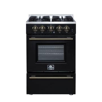 Forno Breno 24-Inch Freestanding Gas Range, 2.3 Cu. Ft. Oven, 4 Sealed Burners, Storage Drawer, Air Fryer Kit, Black with Antique Brass Accents (FFSGS6272-24BLK)