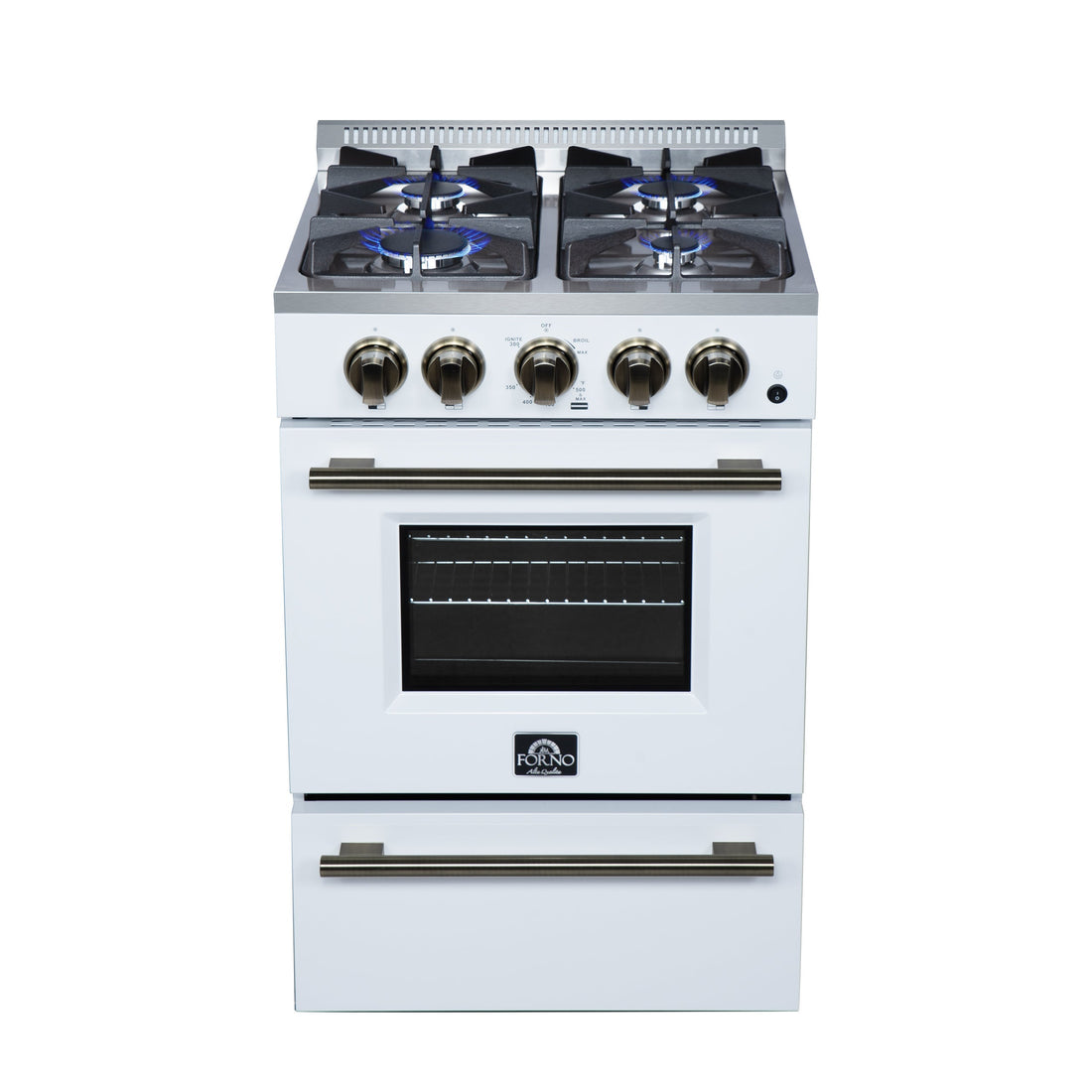 FORNO Breno 24-Inch Freestanding Gas Range, 2.3 cu. ft. Oven, 4 Sealed Burners, Storage Drawer, Air Fryer Kit, White with Antique Brass Accents (Model FFSGS6272-24WHT)