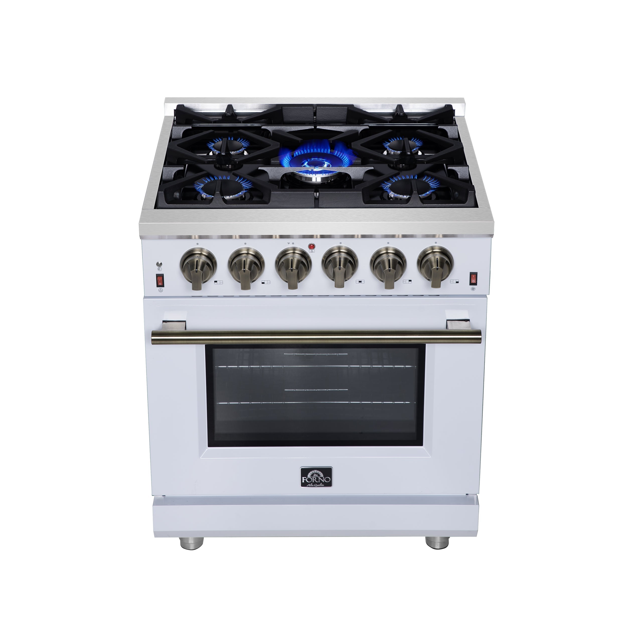 Forno Massimo 30-Inch Freestanding Gas Range, 4.32 cu. ft. Oven, 5 Sealed Burners, Air Fry Kit, White with Antique Brass Accents (Model FFSGS6239-30WHT)