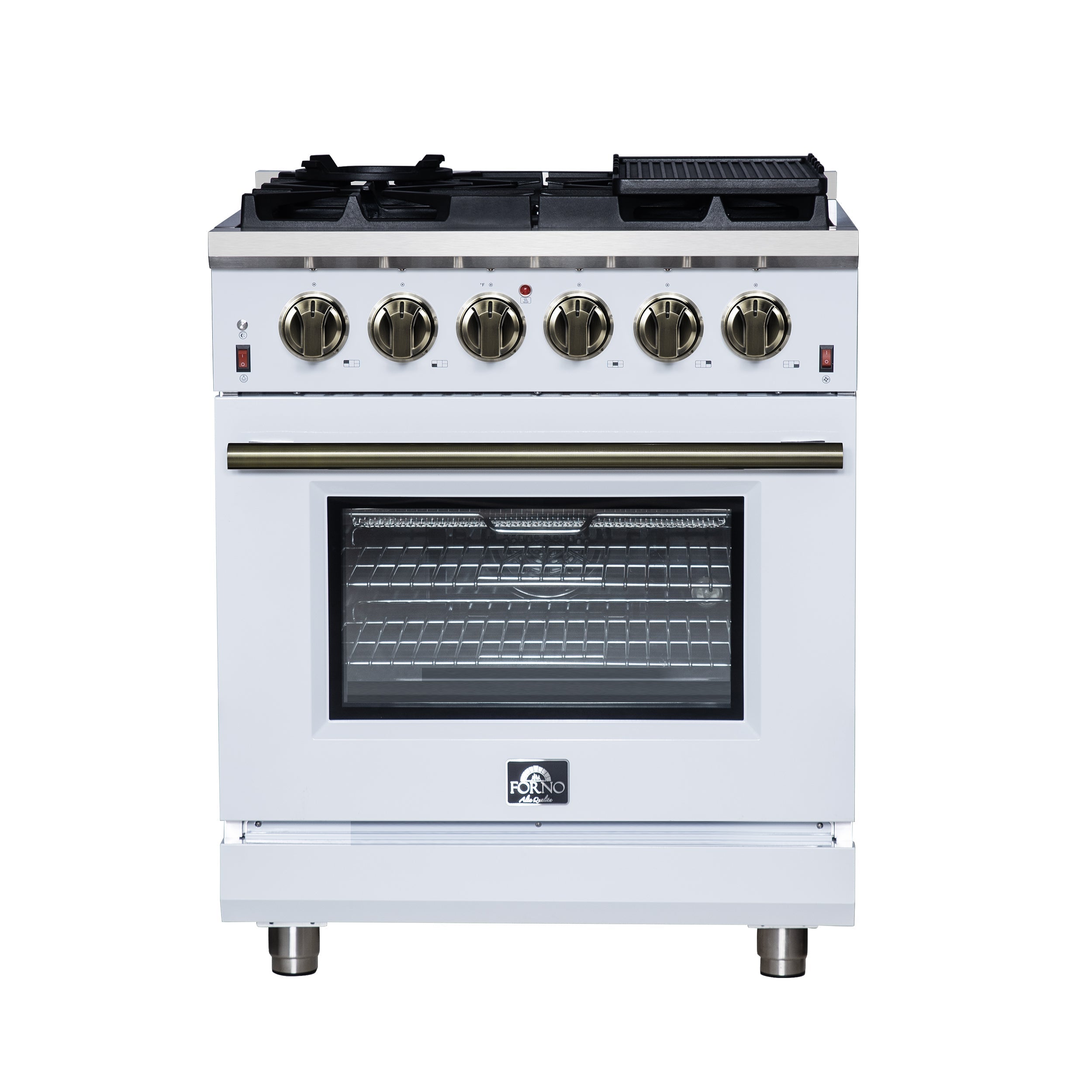 Forno Massimo 30-Inch Freestanding Gas Range, 4.32 cu. ft. Oven, 5 Sealed Burners, Air Fry Kit, White with Antique Brass Accents (Model FFSGS6239-30WHT)