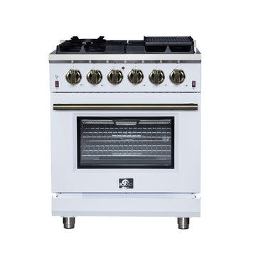 Forno Massimo 30-Inch Freestanding Gas Range, 4.32 cu. ft. Oven, 5 Sealed Burners, Air Fry Kit, White with Antique Brass Accents (Model FFSGS6239-30WHT)