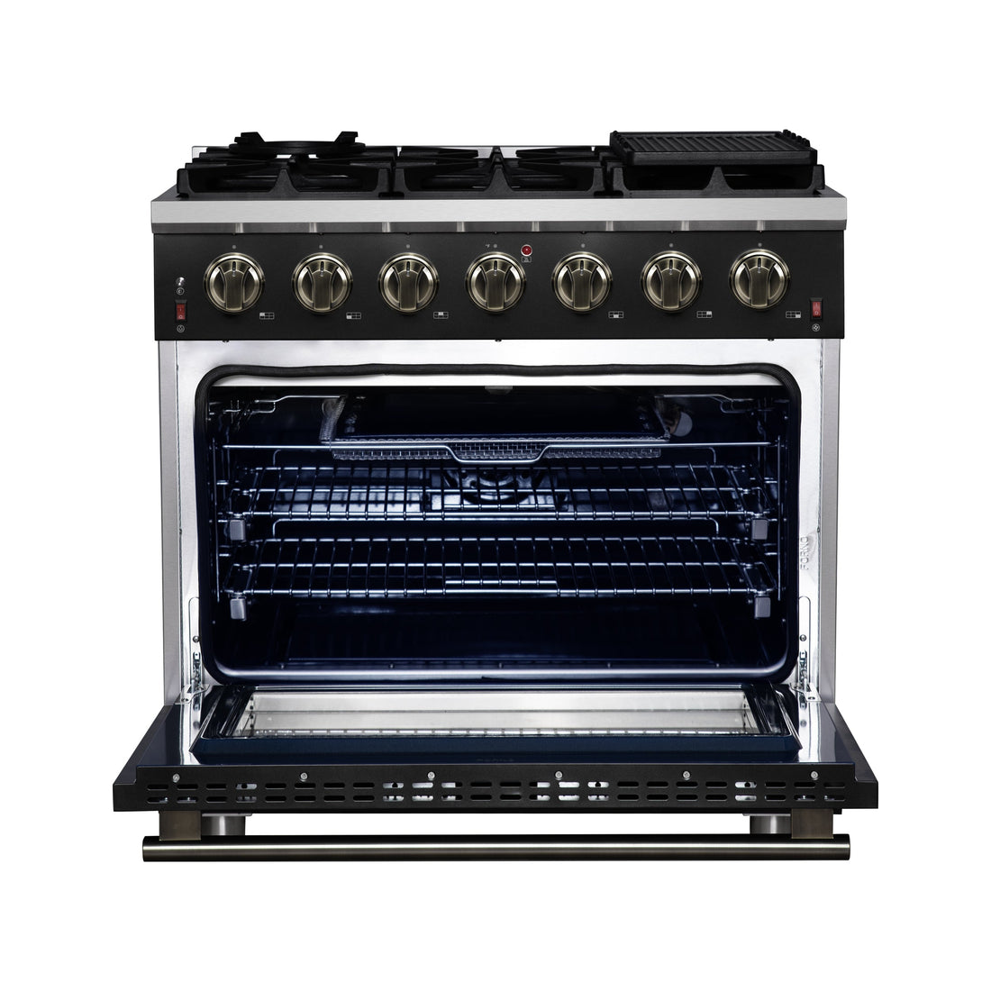 FORNO Massimo 36-Inch Freestanding Gas Range, 5.36 cu. ft. Oven, 6 Sealed Burners, Black with Antique Brass Accents (Model FFSGS6239-36BLK)