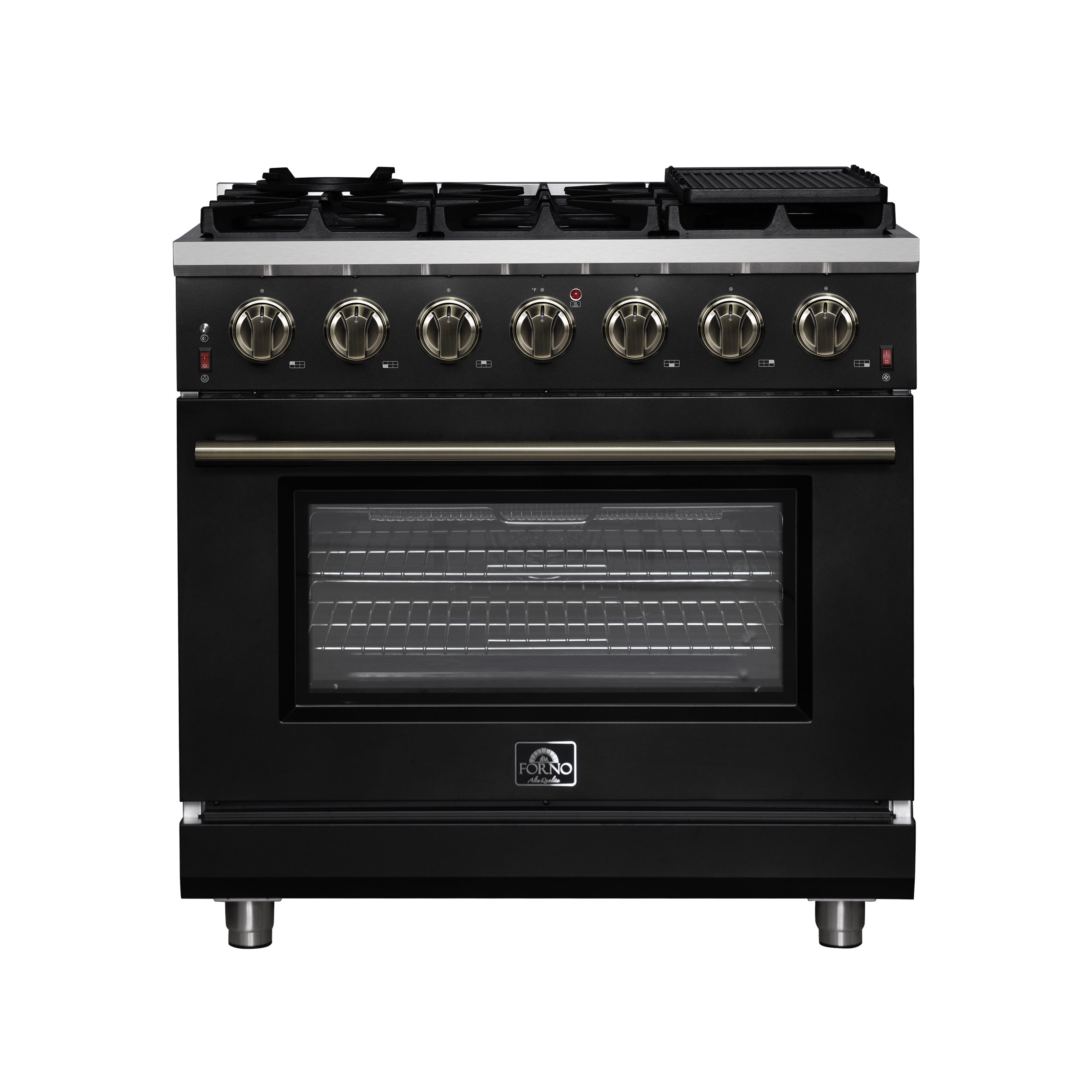FORNO Massimo 36-Inch Freestanding Gas Range, 5.36 cu. ft. Oven, 6 Sealed Burners, Black with Antique Brass Accents (Model FFSGS6239-36BLK)