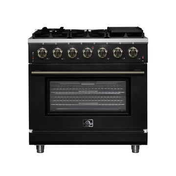 FORNO Massimo 36-Inch Freestanding Gas Range, 5.36 cu. ft. Oven, 6 Sealed Burners, Black with Antique Brass Accents (Model FFSGS6239-36BLK)