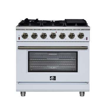 Forno Massimo 36-Inch Freestanding Gas Range with 6 Sealed Burners, 5.36 cu. ft. Oven, Air Fryer Kit, Wok Ring and Griddle, White with Antique Brass Accents (Model FFSGS6239-36WHT)