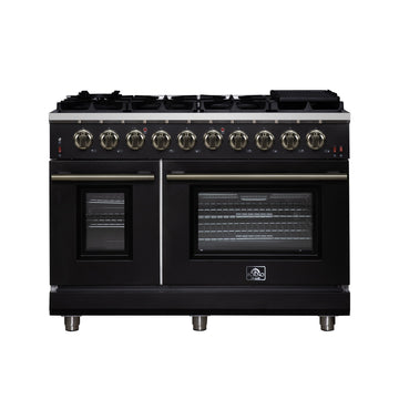 Forno Massimo 48-Inch Freestanding Gas Range with 8 Sealed Burners, 6.58 cu. ft. Double Oven, Black with Antique Brass Accents (Model FFSGS6239-48BLK)