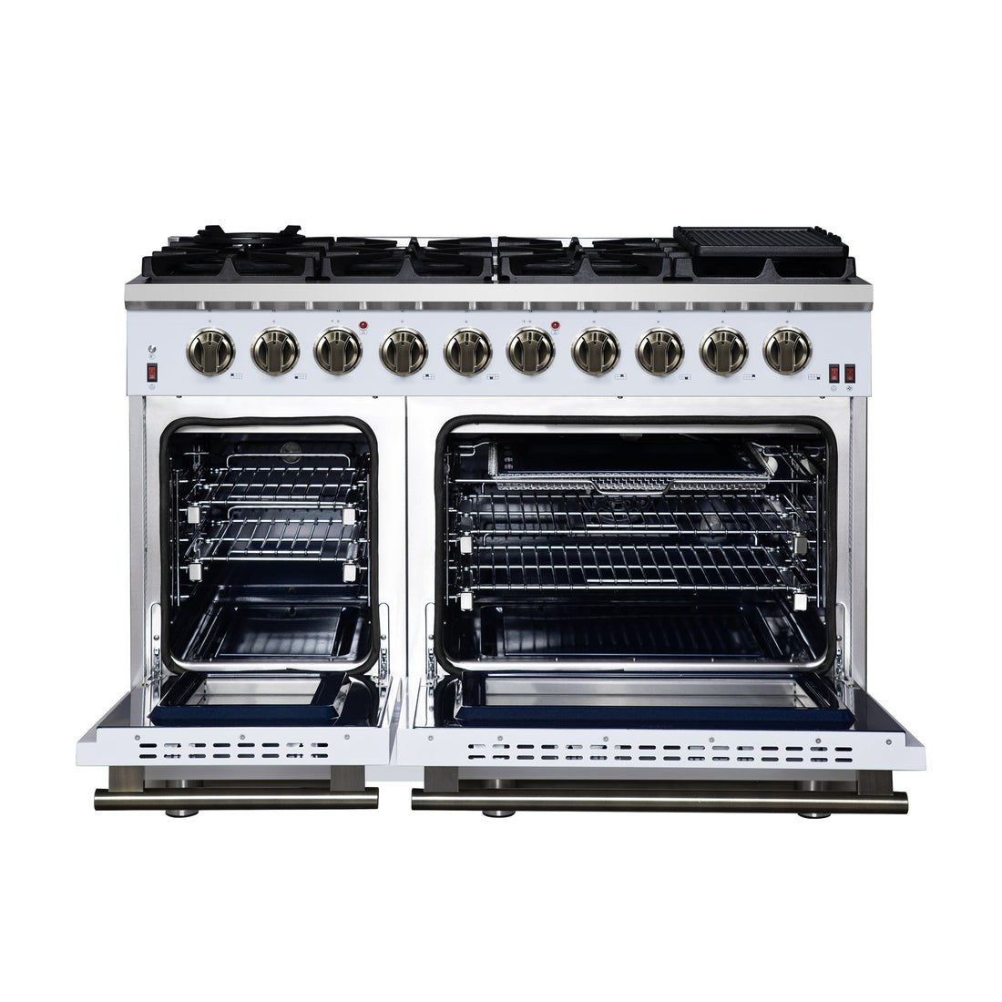 Forno Massimo 48-Inch Freestanding Gas Range with 8 Sealed Burners, 6.58 cu. ft. Oven, Air Fry Kit, Griddle & Wok Support – White with Antique Brass Accents (Model FFSGS6239-48WHT)