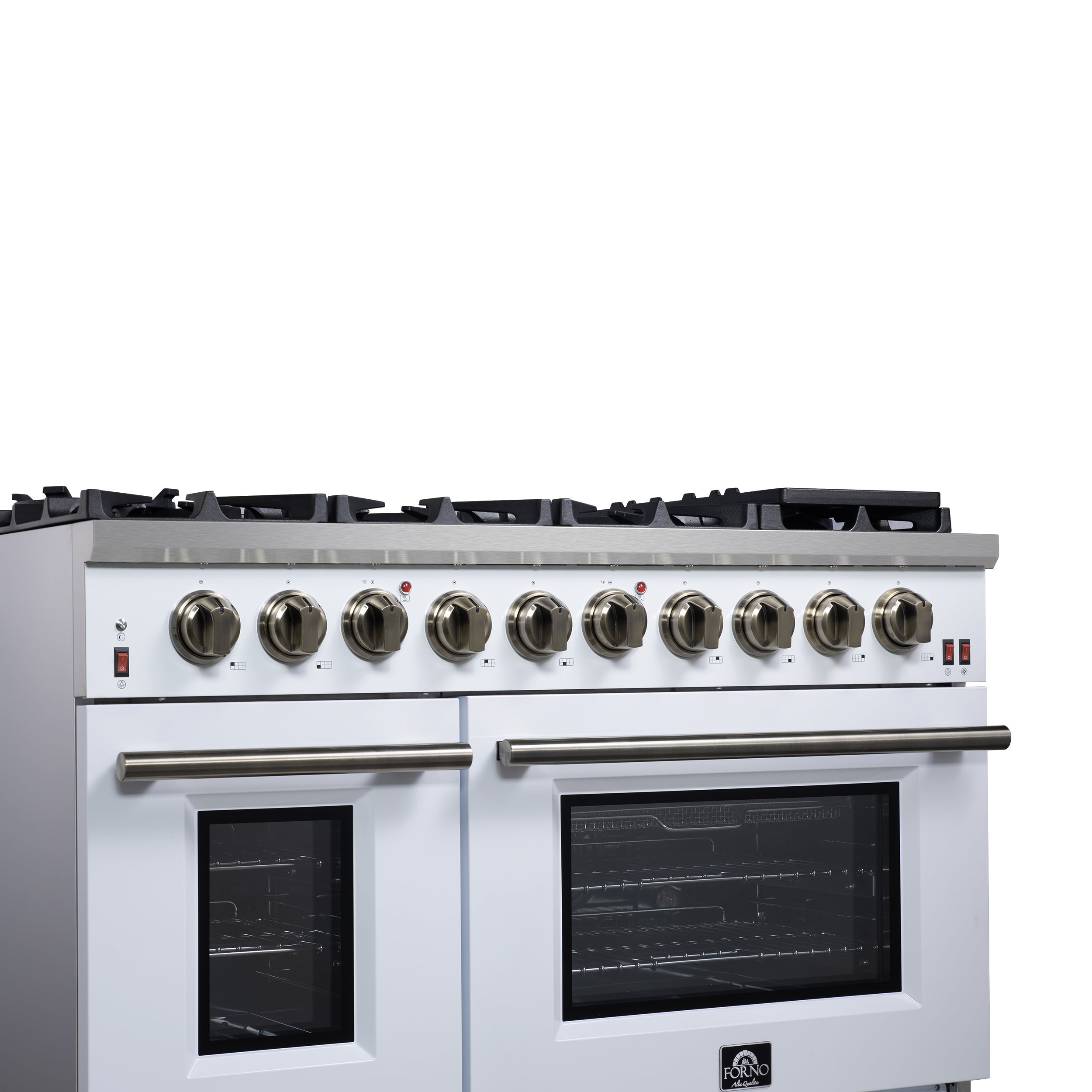 Forno Massimo 48-Inch Freestanding Gas Range with 8 Sealed Burners, 6.58 cu. ft. Oven, Air Fry Kit, Griddle & Wok Support – White with Antique Brass Accents (Model FFSGS6239-48WHT)