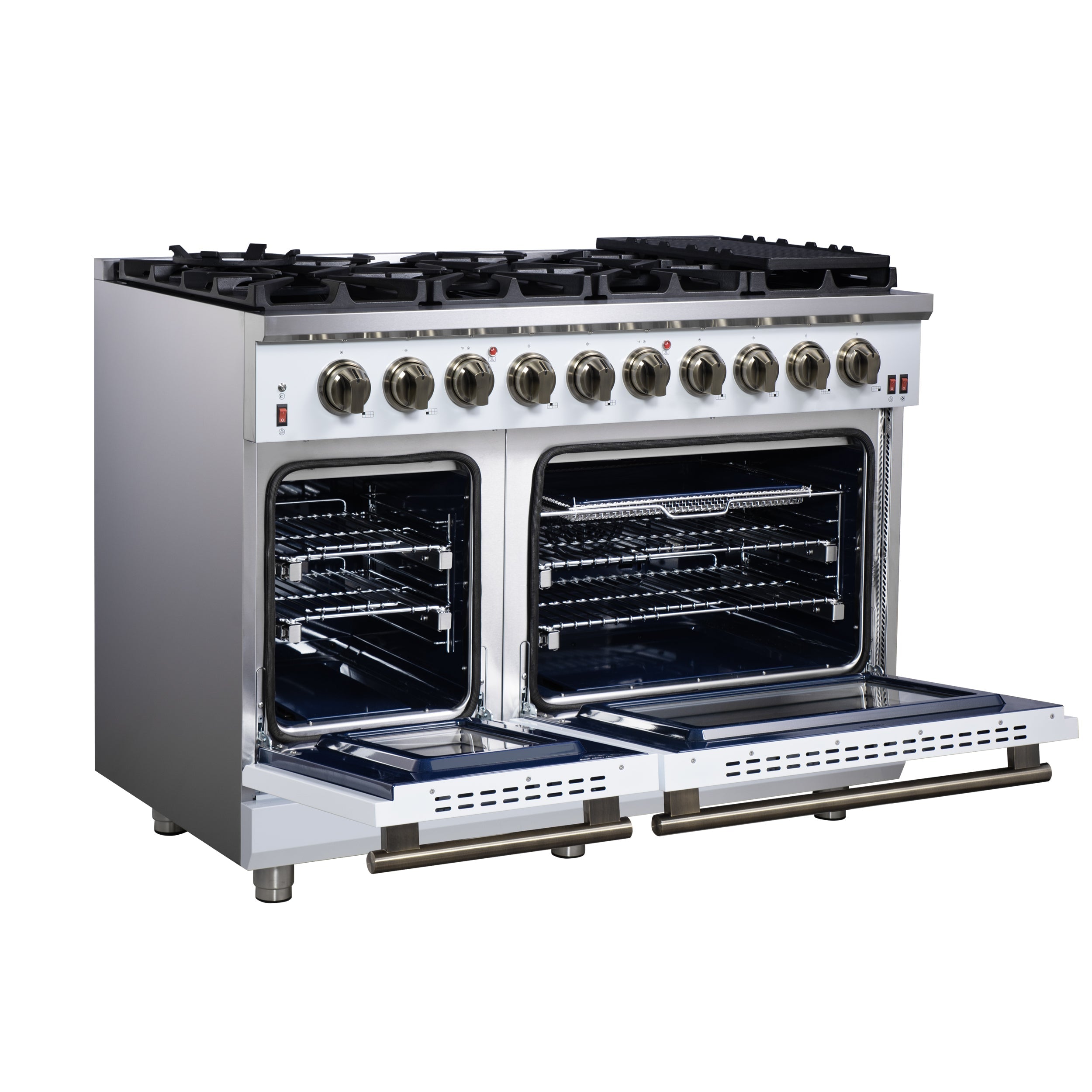 Forno Massimo 48-Inch Freestanding Gas Range with 8 Sealed Burners, 6.58 cu. ft. Oven, Air Fry Kit, Griddle & Wok Support – White with Antique Brass Accents (Model FFSGS6239-48WHT)