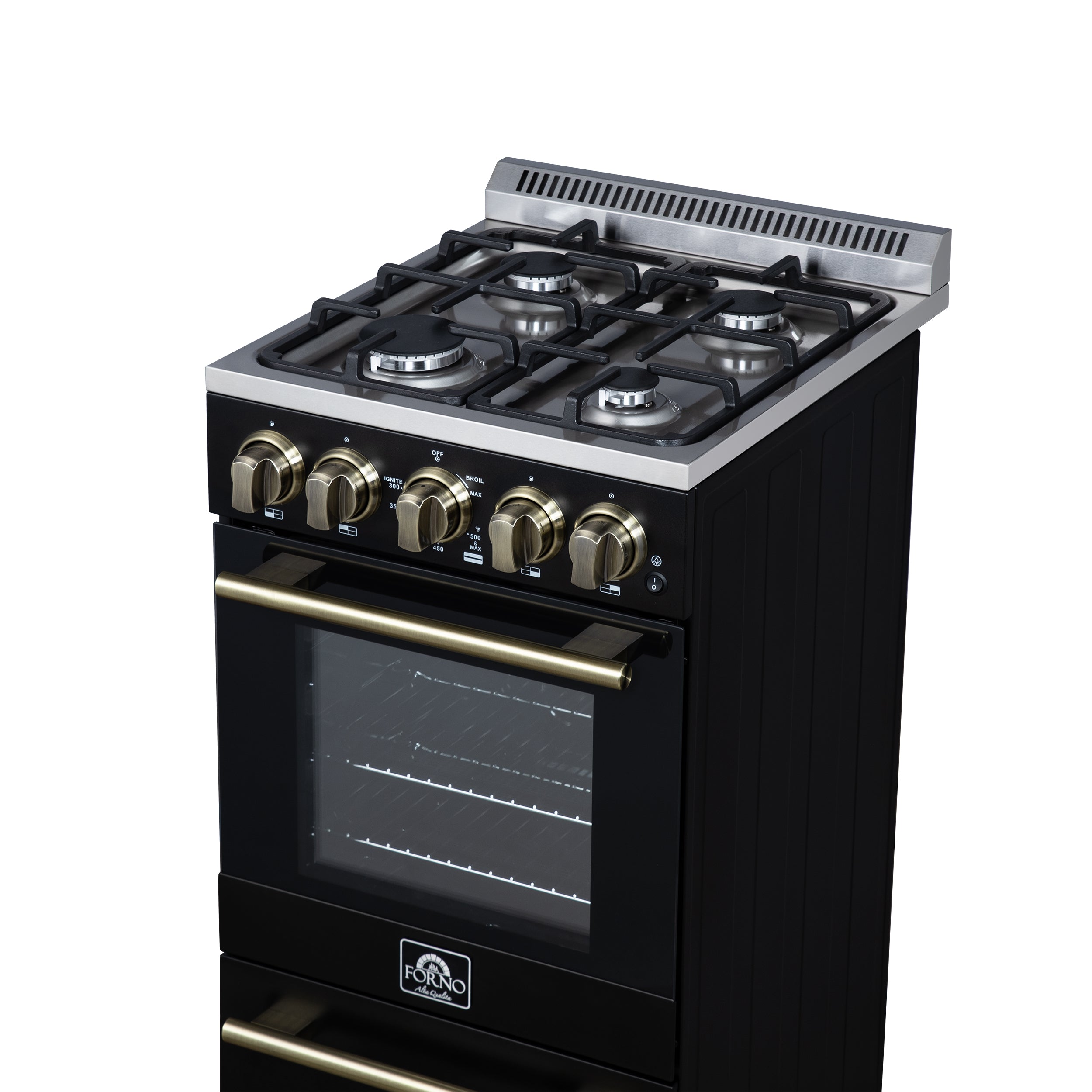 Forno Lamazze 20-Inch Freestanding Gas Range, 2.05 Cu. Ft. Oven, 4 Sealed Burners, Black with Antique Brass Accents (Model FFSGS6265-20BLK)