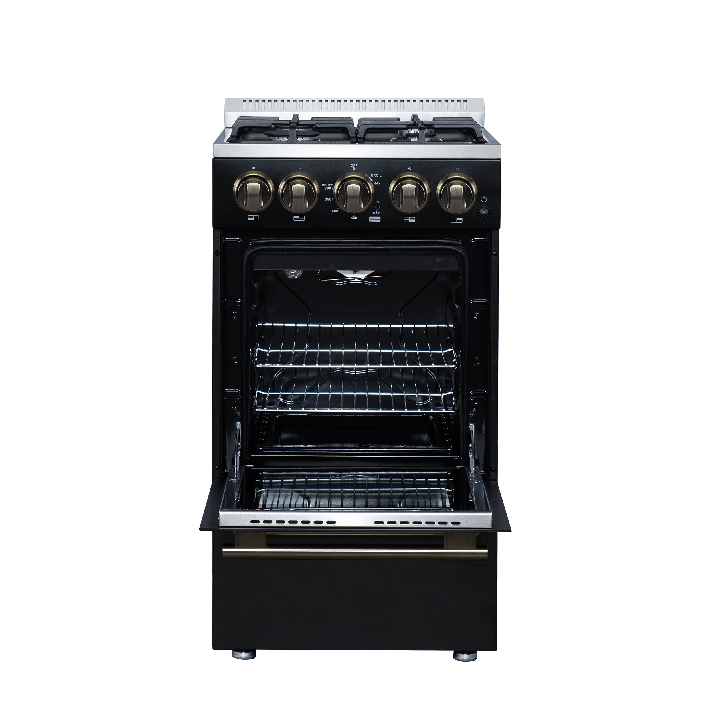 Forno Lamazze 20-Inch Freestanding Gas Range, 2.05 Cu. Ft. Oven, 4 Sealed Burners, Black with Antique Brass Accents (Model FFSGS6265-20BLK)