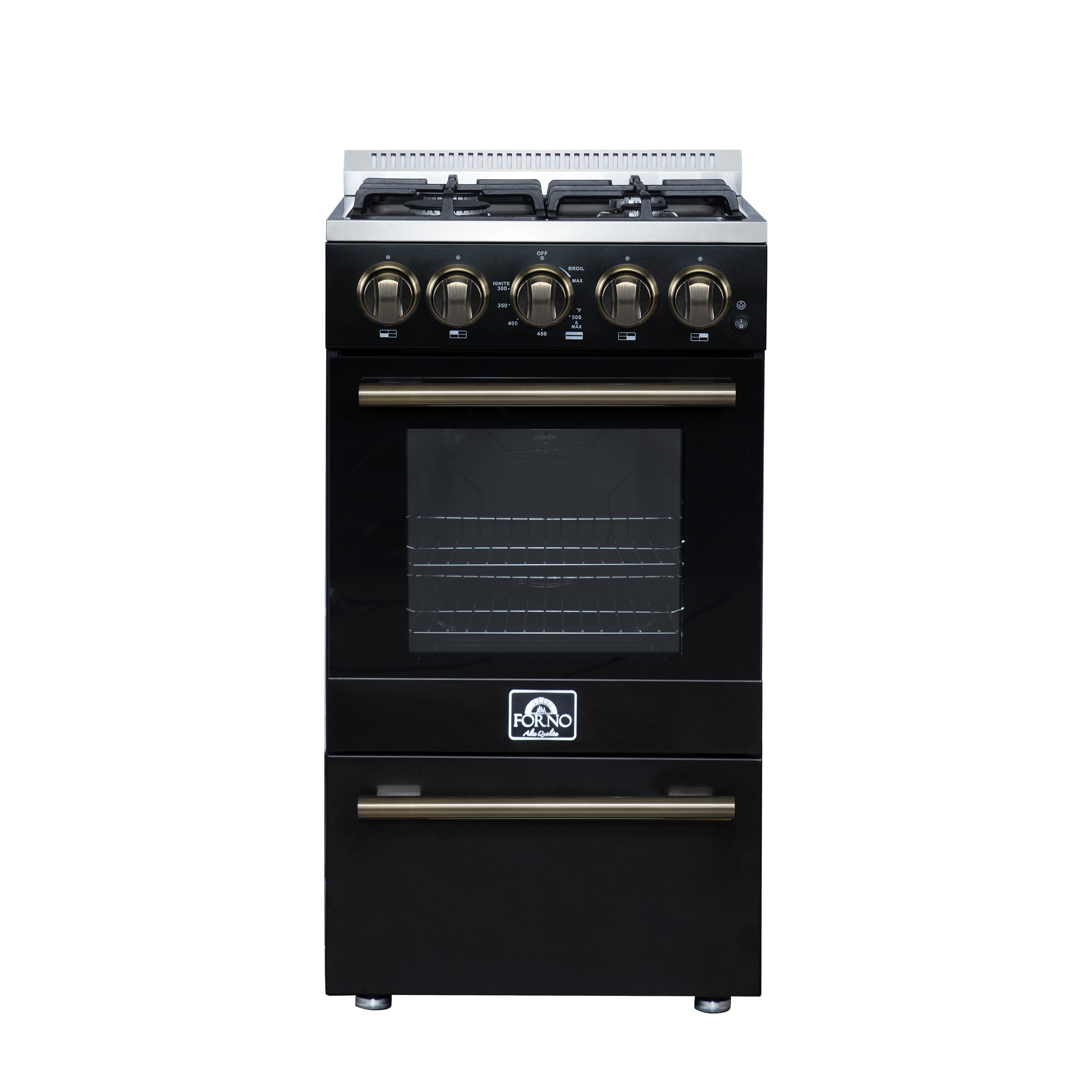 Forno Lamazze 20-Inch Freestanding Gas Range, 2.05 Cu. Ft. Oven, 4 Sealed Burners, Black with Antique Brass Accents (Model FFSGS6265-20BLK)