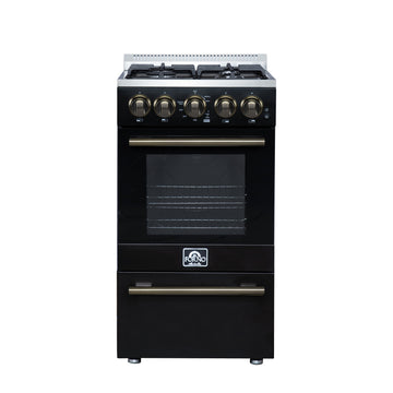 Forno Lamazze 20-Inch Freestanding Gas Range, 2.05 Cu. Ft. Oven, 4 Sealed Burners, Black with Antique Brass Accents (Model FFSGS6265-20BLK)