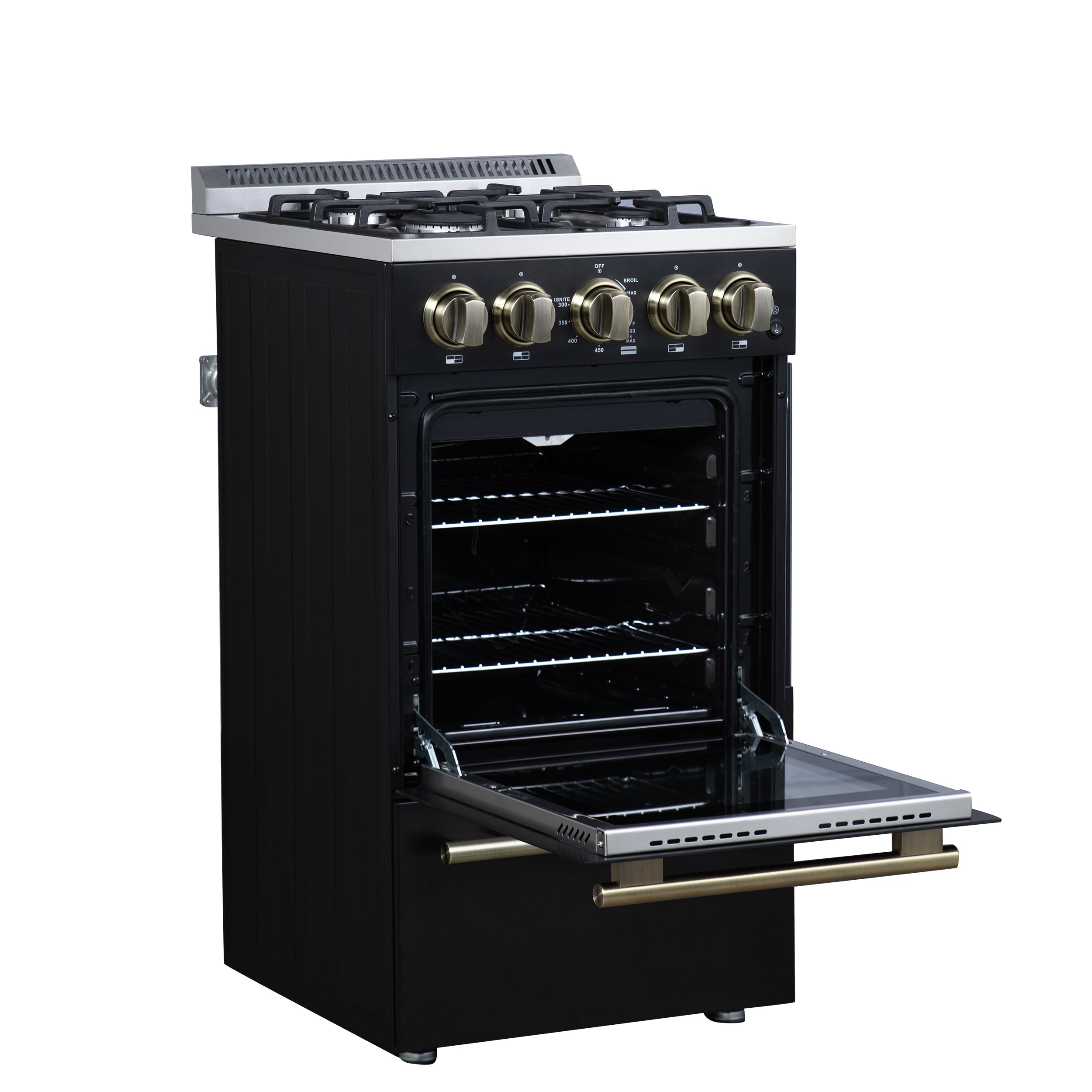 Forno Lamazze 20-Inch Freestanding Gas Range, 2.05 Cu. Ft. Oven, 4 Sealed Burners, Black with Antique Brass Accents (Model FFSGS6265-20BLK)