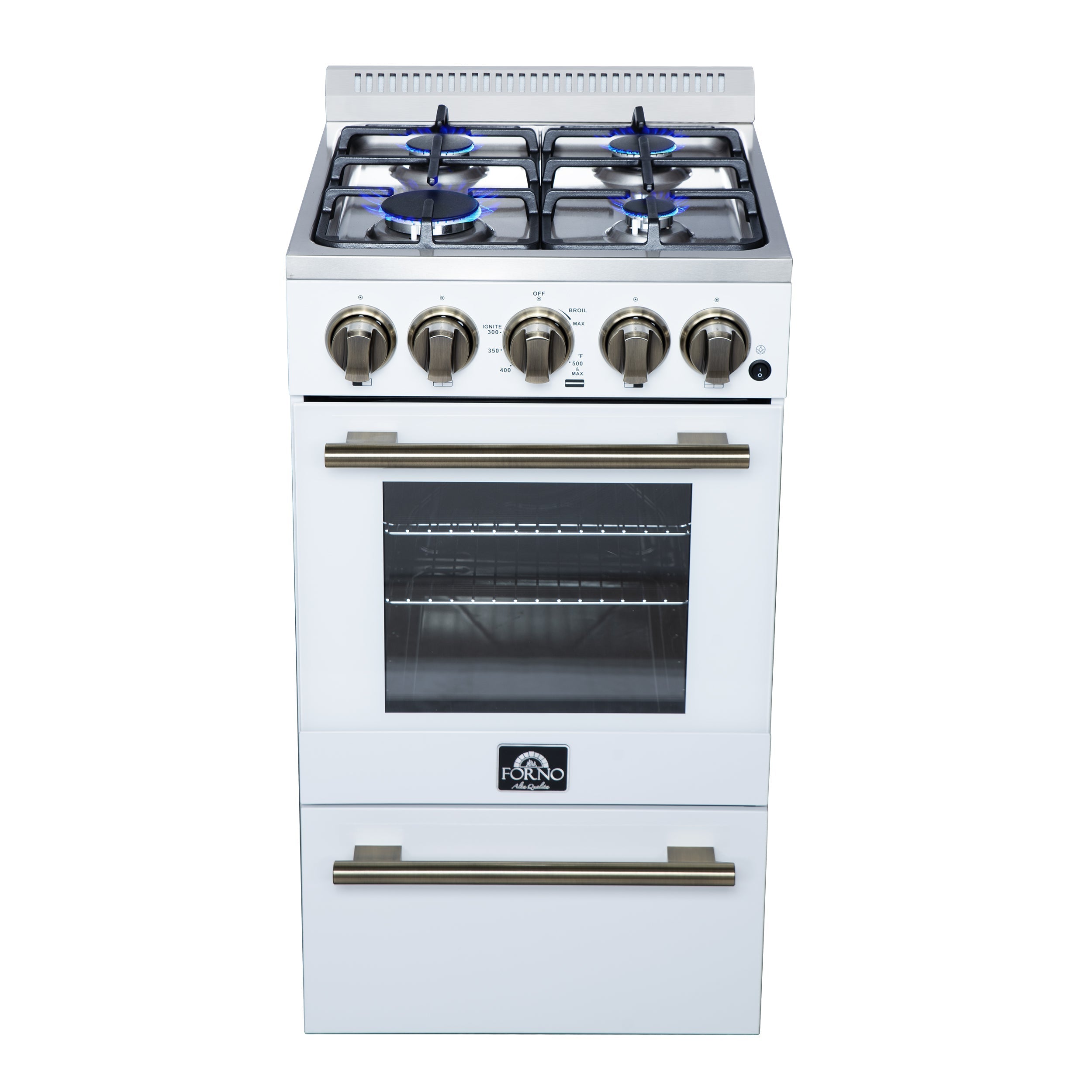 Forno Lamazze 20-Inch Freestanding Gas Range, 2.05 cu. ft. Oven, 4 Sealed Burners, White with Antique Brass Accents (Model FFSGS6265-20WHT)