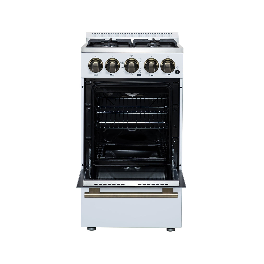 Forno Lamazze 20-Inch Freestanding Gas Range, 2.05 cu. ft. Oven, 4 Sealed Burners, White with Antique Brass Accents (Model FFSGS6265-20WHT)