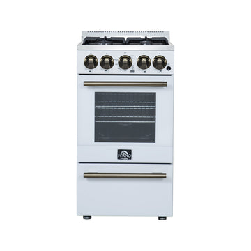 Forno Lamazze 20-Inch Freestanding Gas Range, 2.05 cu. ft. Oven, 4 Sealed Burners, White with Antique Brass Accents (Model FFSGS6265-20WHT)
