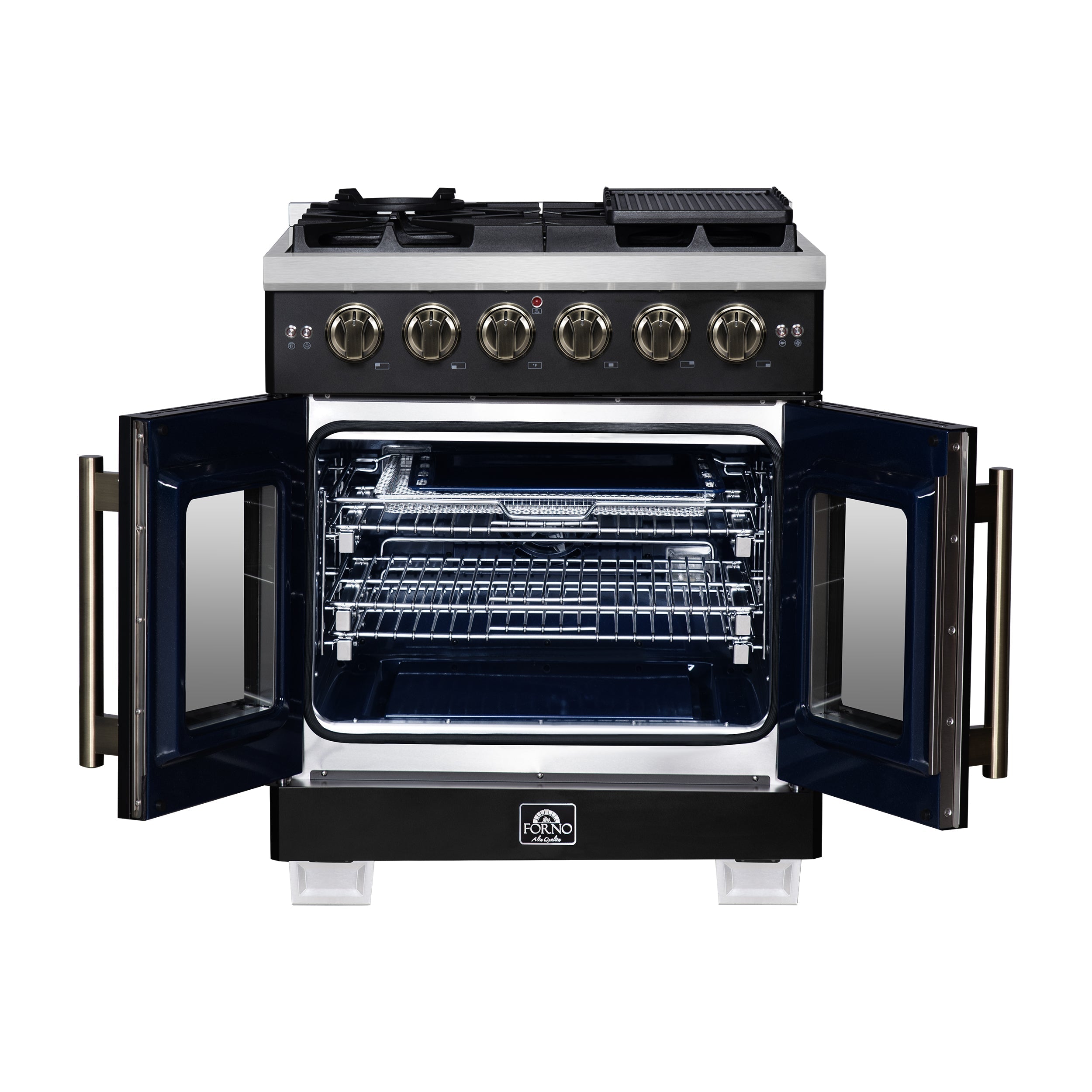 Forno Capriasca 30-Inch French Door Gas Range, 4.32 cu. ft., 5 Sealed Burners, Air Fryer Kit, Rotisserie Kit, Wok Support, Griddle, Black with Antique Brass Accents (FFSGS6460-30BLK)