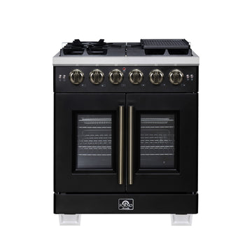Forno Capriasca 30-Inch French Door Gas Range, 4.32 cu. ft., 5 Sealed Burners, Air Fryer Kit, Rotisserie Kit, Wok Support, Griddle, Black with Antique Brass Accents (FFSGS6460-30BLK)