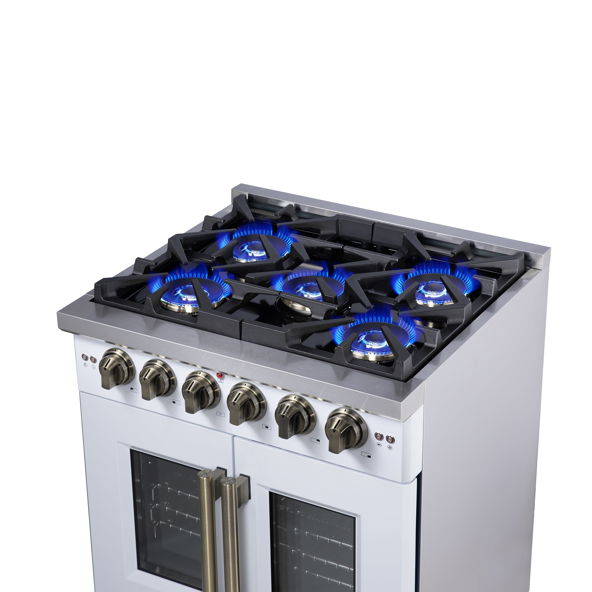 Forno Capriasca 30 in. French Door Gas Range, 4.32 cu. ft., 5 Sealed Burners, Air Fry Kit, Rotisserie, Wok Ring & Griddle, White with Antique Brass, Model FFSGS6460-30WHT