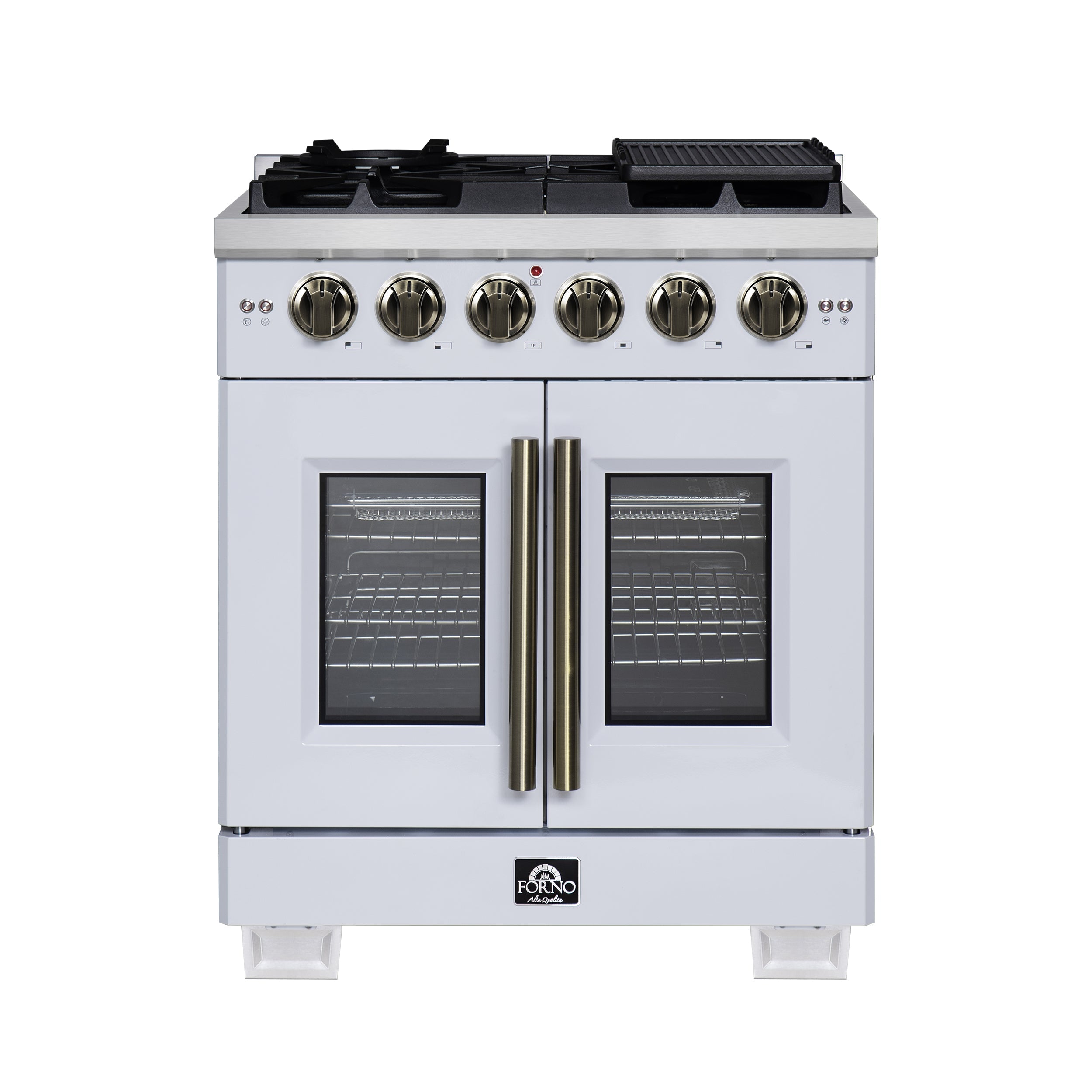 Forno Capriasca 30 in. French Door Gas Range, 4.32 cu. ft., 5 Sealed Burners, Air Fry Kit, Rotisserie, Wok Ring & Griddle, White with Antique Brass, Model FFSGS6460-30WHT