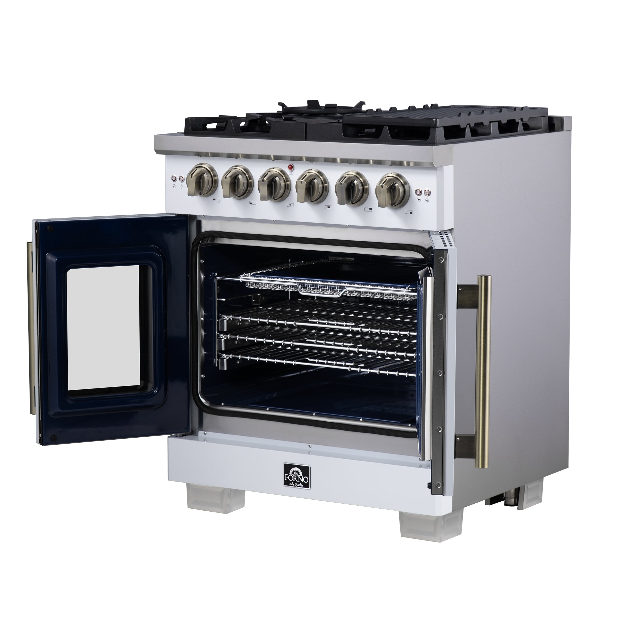 Forno Capriasca 30 in. French Door Gas Range, 4.32 cu. ft., 5 Sealed Burners, Air Fry Kit, Rotisserie, Wok Ring & Griddle, White with Antique Brass, Model FFSGS6460-30WHT