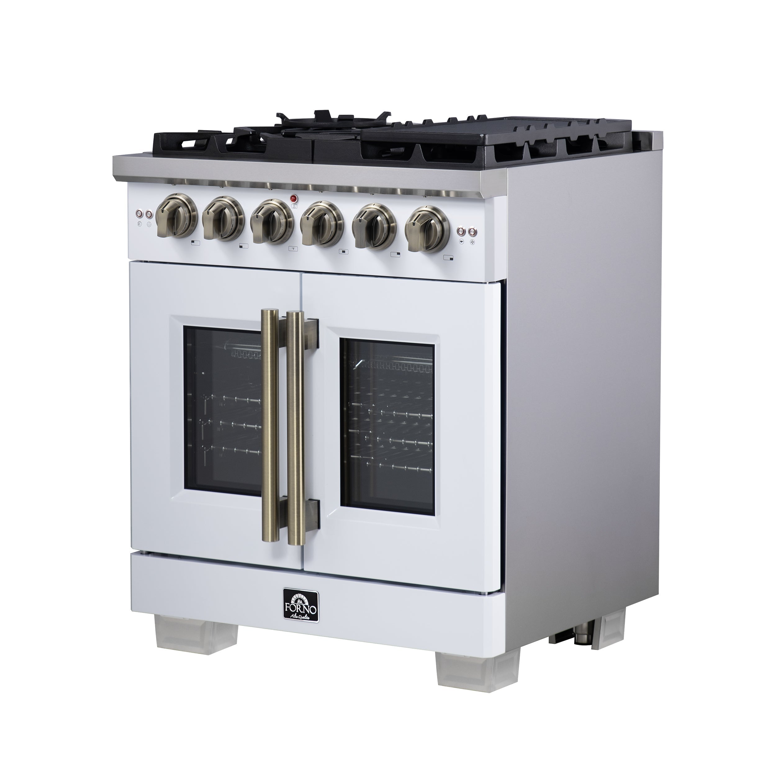 Forno Capriasca 30 in. French Door Gas Range, 4.32 cu. ft., 5 Sealed Burners, Air Fry Kit, Rotisserie, Wok Ring & Griddle, White with Antique Brass, Model FFSGS6460-30WHT