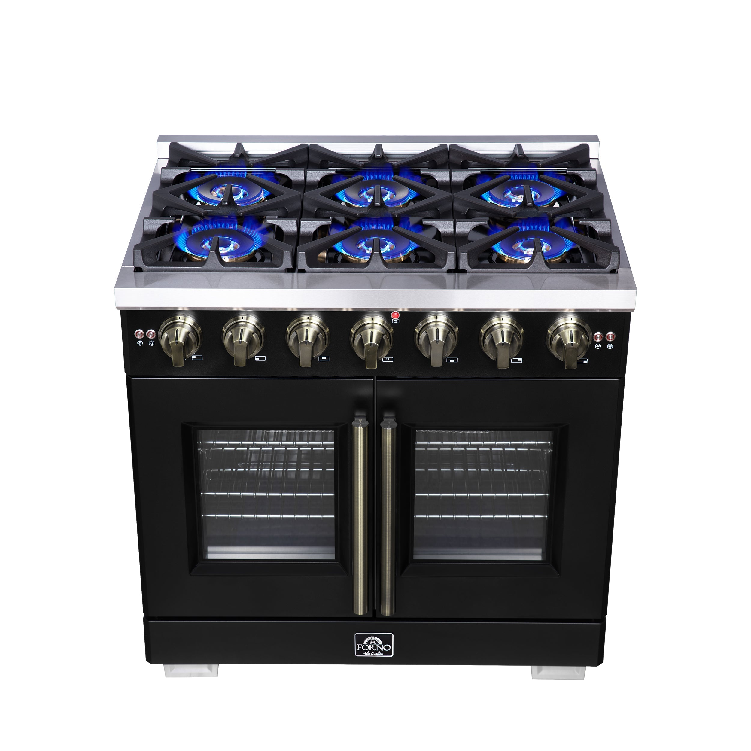 Forno Capriasca 36-Inch French Door Gas Range, 5.36 cu. ft. Oven, 6 Sealed Gas Burners, Air Fry Basket, Rotisserie Kit, Wok Ring and Griddle, Black with Antique Brass Accents (Model FFSGS6460-36BLK)