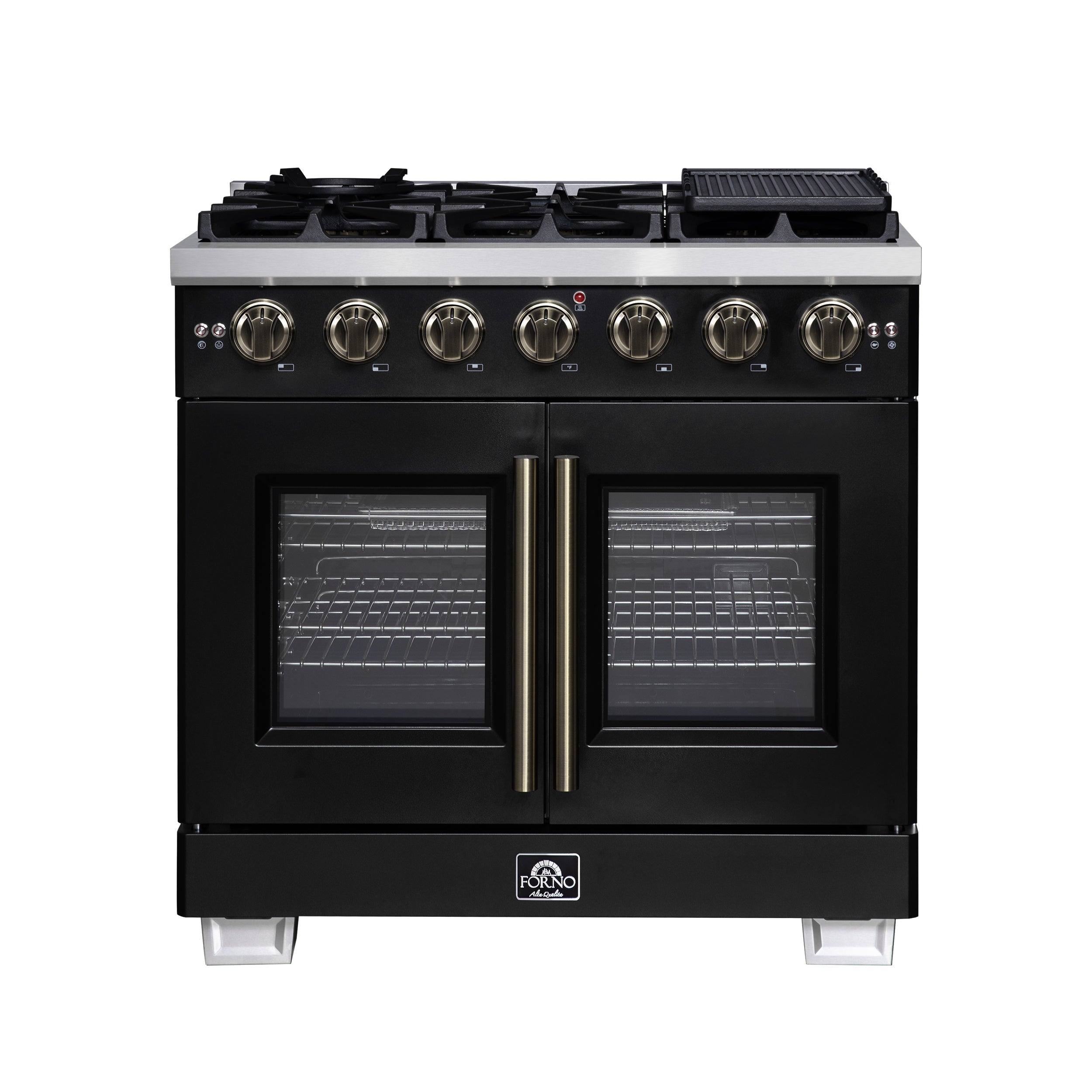 Forno Capriasca 36-Inch French Door Gas Range, 5.36 cu. ft. Oven, 6 Sealed Gas Burners, Air Fry Basket, Rotisserie Kit, Wok Ring and Griddle, Black with Antique Brass Accents (Model FFSGS6460-36BLK)