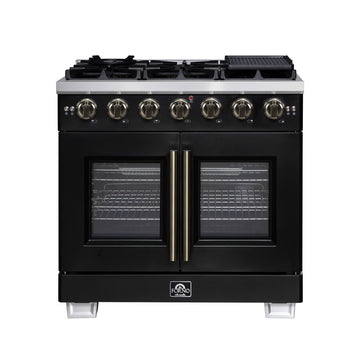 Forno Capriasca 36-Inch French Door Gas Range, 5.36 cu. ft. Oven, 6 Sealed Gas Burners, Air Fry Basket, Rotisserie Kit, Wok Ring and Griddle, Black with Antique Brass Accents (Model FFSGS6460-36BLK)