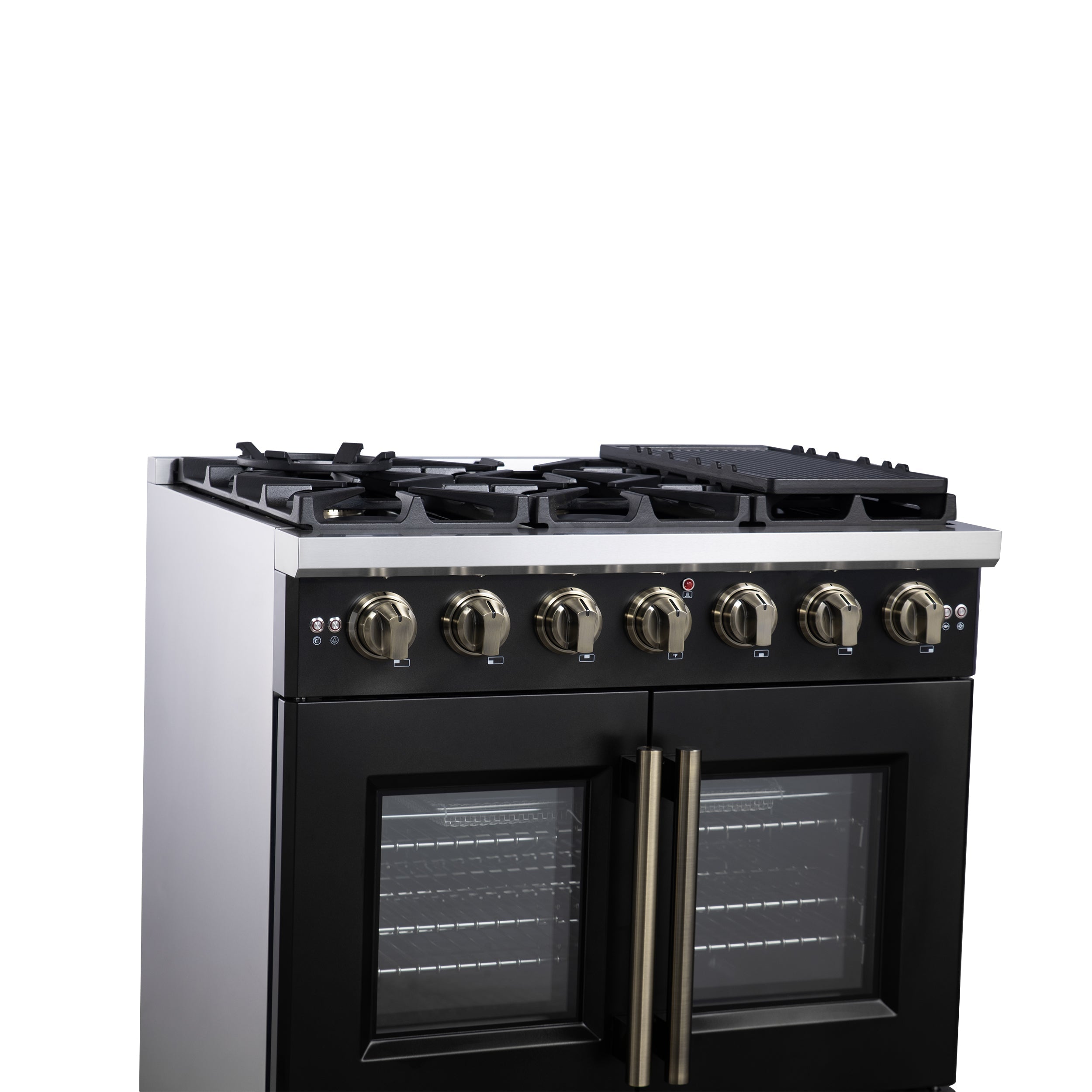 Forno Capriasca 36-Inch French Door Gas Range, 5.36 cu. ft. Oven, 6 Sealed Gas Burners, Air Fry Basket, Rotisserie Kit, Wok Ring and Griddle, Black with Antique Brass Accents (Model FFSGS6460-36BLK)