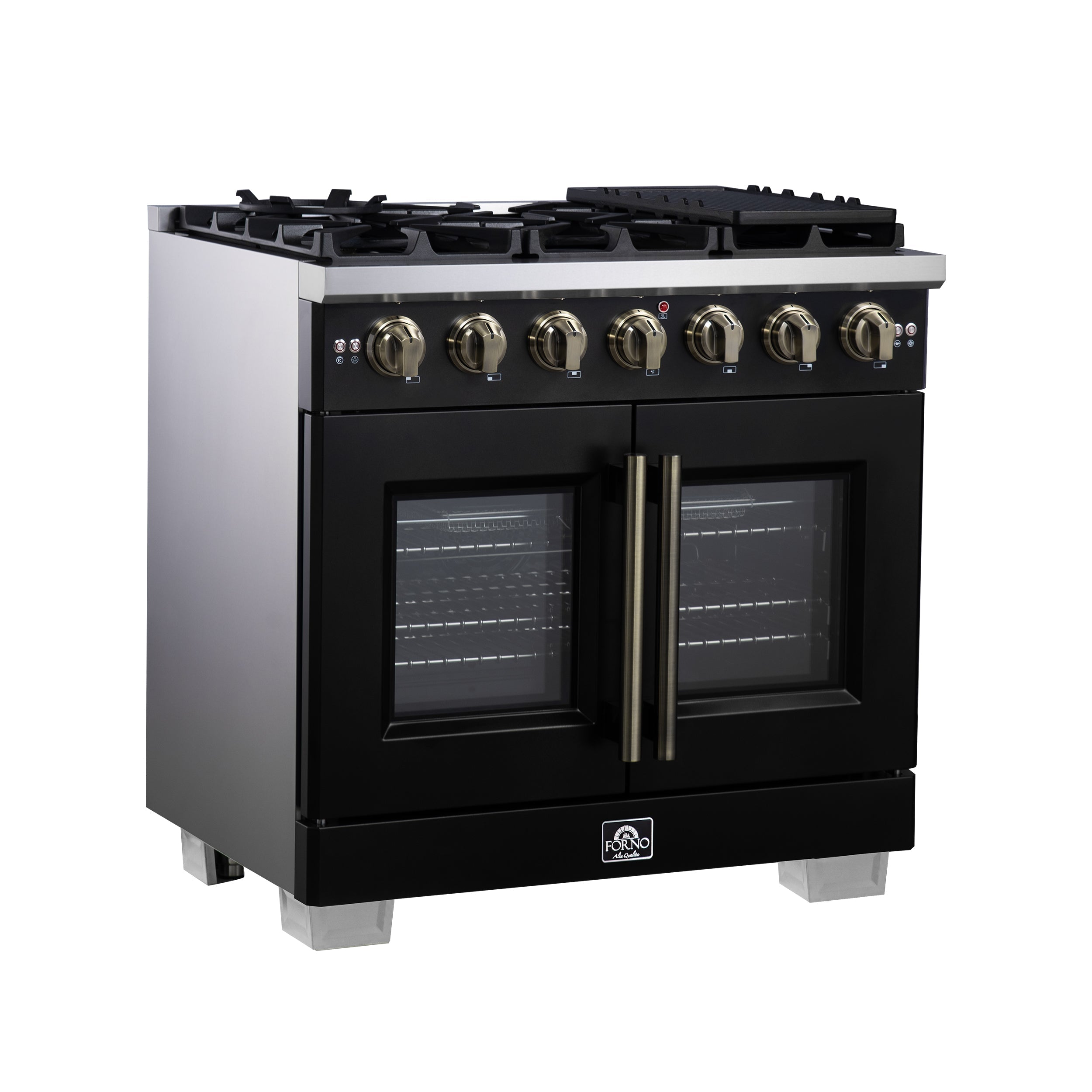 Forno Capriasca 36-Inch French Door Gas Range, 5.36 cu. ft. Oven, 6 Sealed Gas Burners, Air Fry Basket, Rotisserie Kit, Wok Ring and Griddle, Black with Antique Brass Accents (Model FFSGS6460-36BLK)