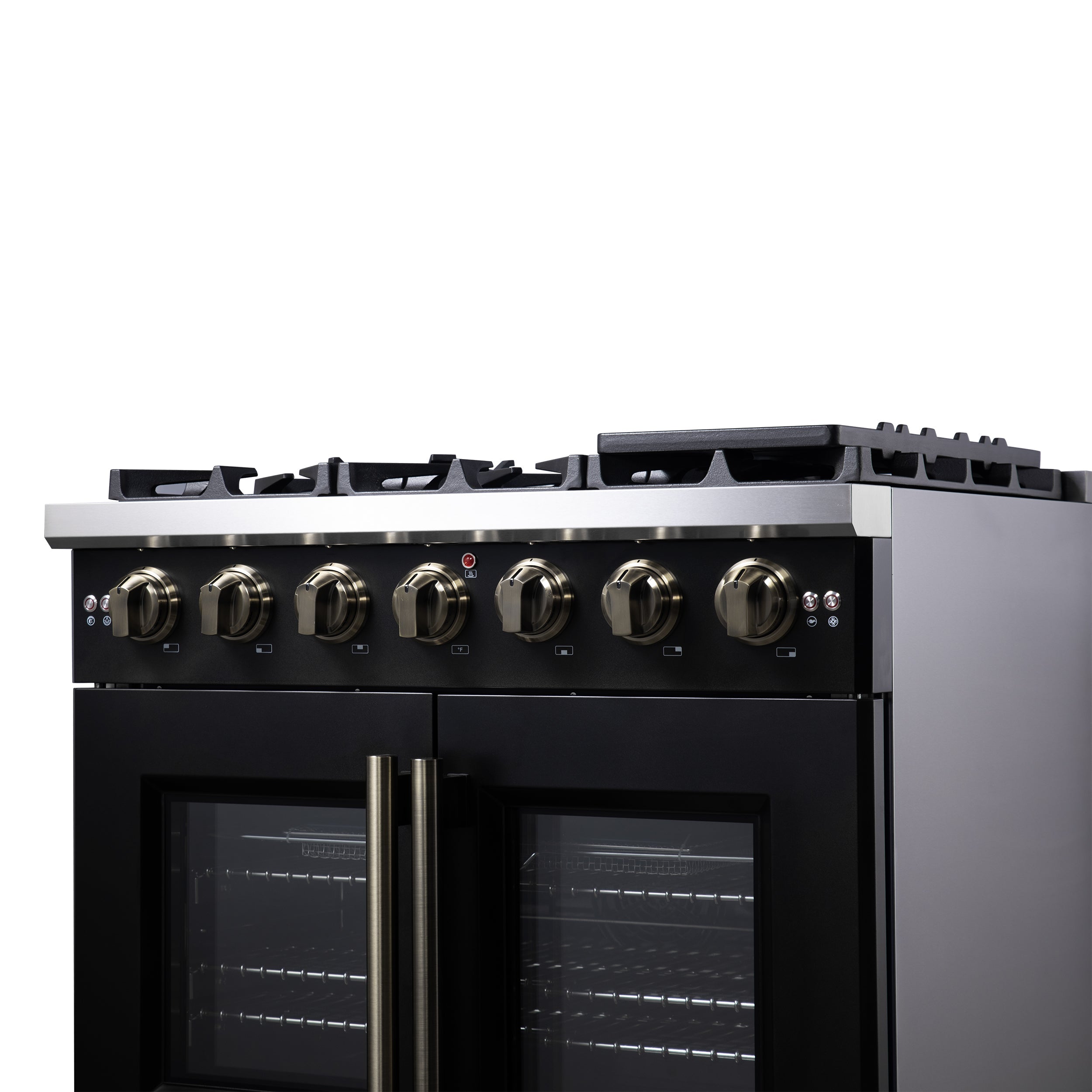 Forno Capriasca 36-Inch French Door Gas Range, 5.36 cu. ft. Oven, 6 Sealed Gas Burners, Air Fry Basket, Rotisserie Kit, Wok Ring and Griddle, Black with Antique Brass Accents (Model FFSGS6460-36BLK)