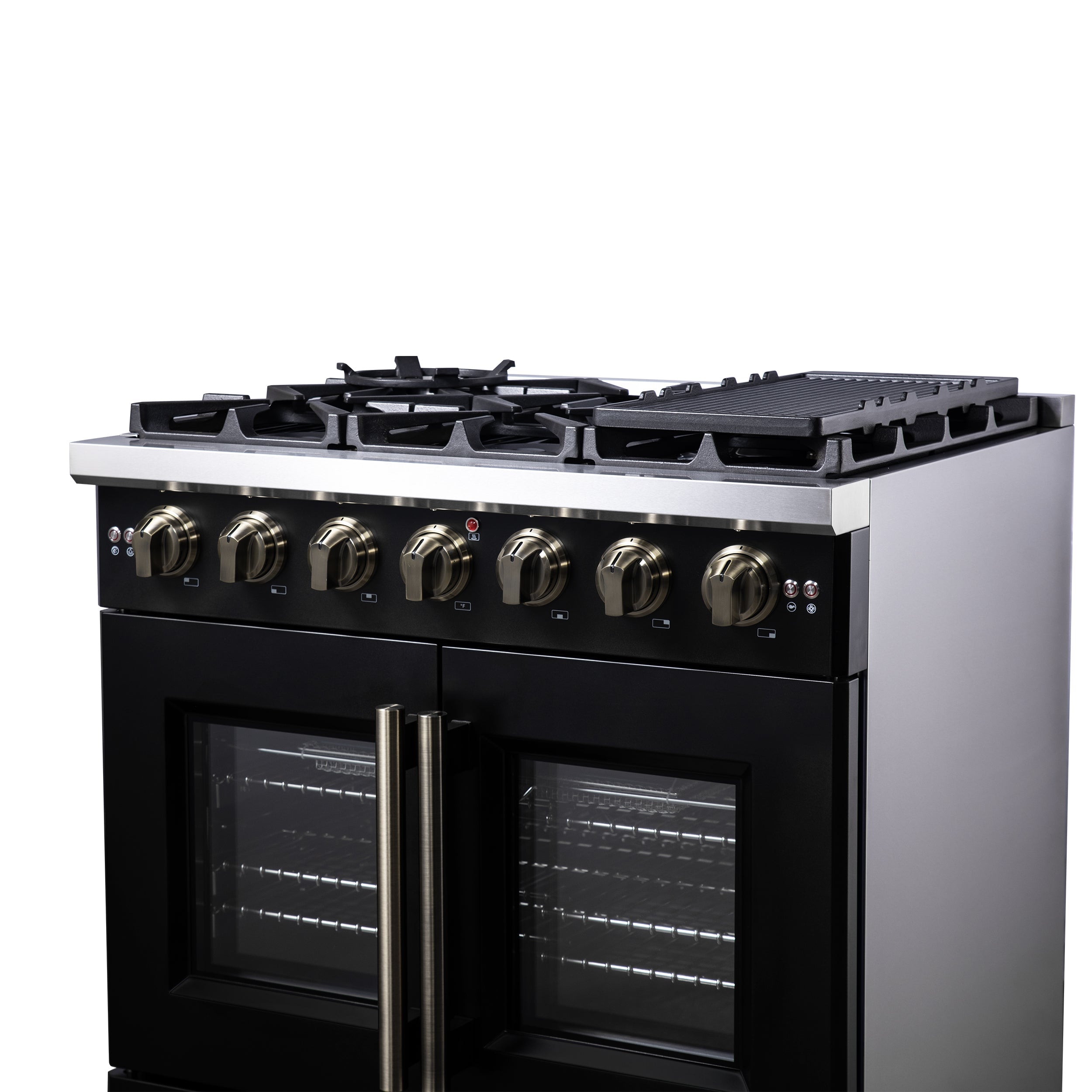 Forno Capriasca 36-Inch French Door Gas Range, 5.36 cu. ft. Oven, 6 Sealed Gas Burners, Air Fry Basket, Rotisserie Kit, Wok Ring and Griddle, Black with Antique Brass Accents (Model FFSGS6460-36BLK)