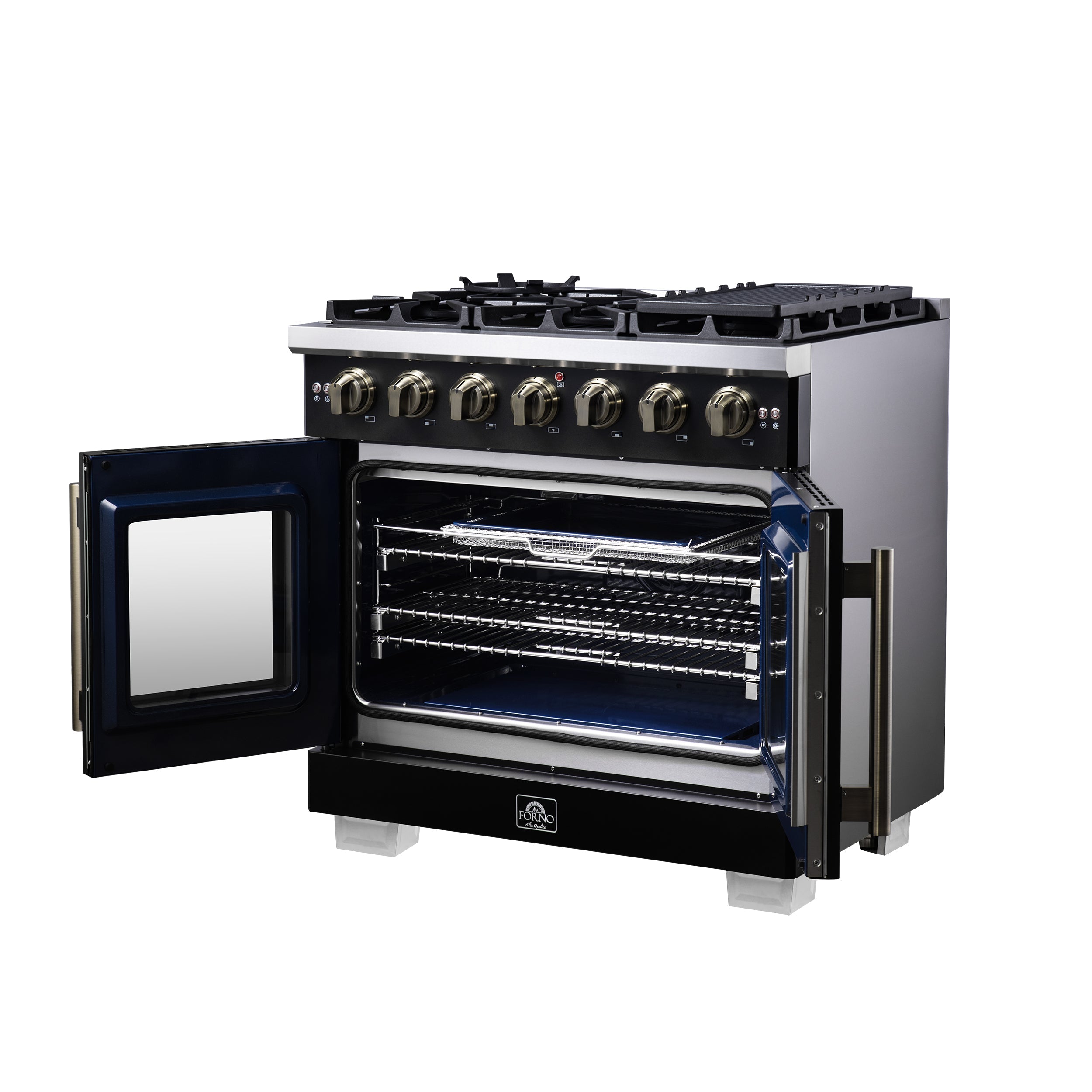 Forno Capriasca 36-Inch French Door Gas Range, 5.36 cu. ft. Oven, 6 Sealed Gas Burners, Air Fry Basket, Rotisserie Kit, Wok Ring and Griddle, Black with Antique Brass Accents (Model FFSGS6460-36BLK)