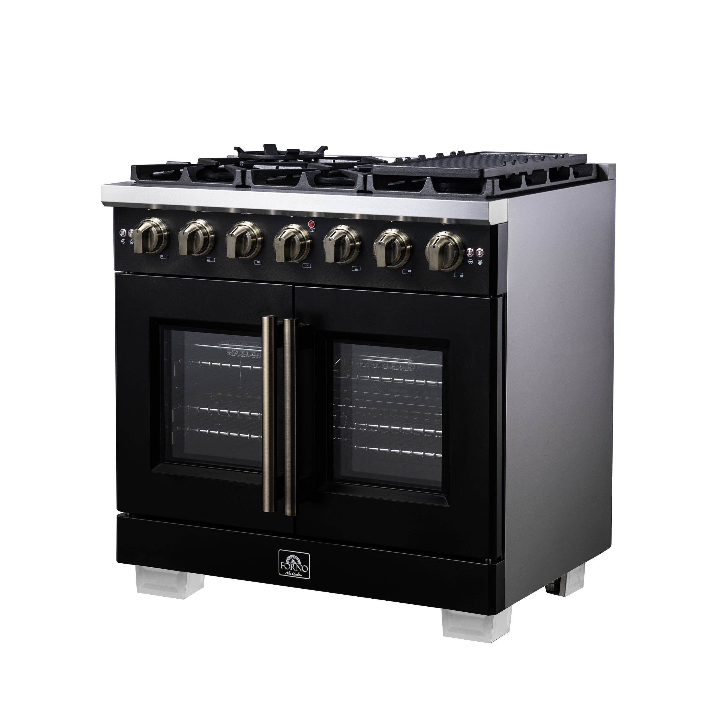 Forno Capriasca 36-Inch French Door Gas Range, 5.36 cu. ft. Oven, 6 Sealed Gas Burners, Air Fry Basket, Rotisserie Kit, Wok Ring and Griddle, Black with Antique Brass Accents (Model FFSGS6460-36BLK)