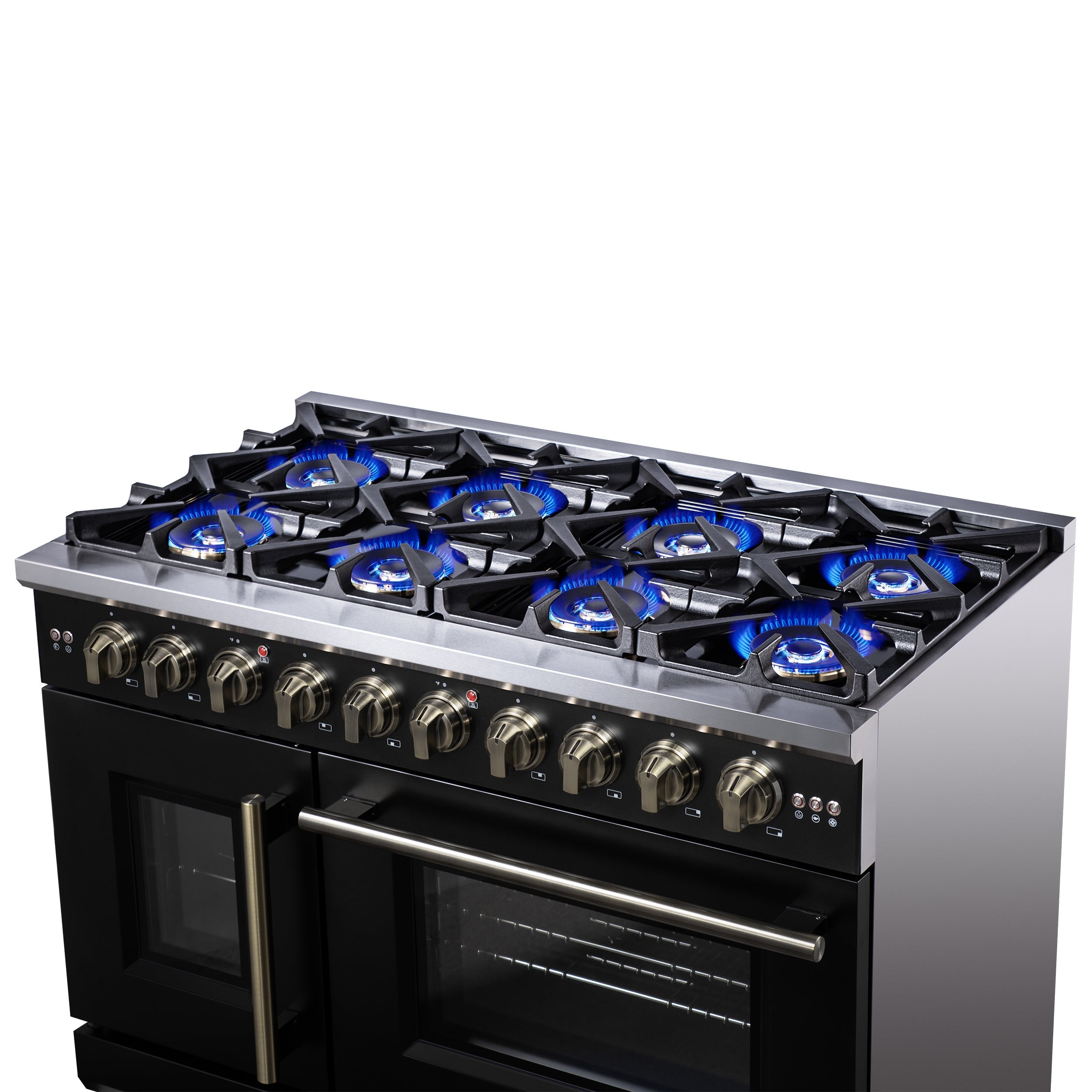 Forno Capriasca 48 Inch French Door Gas Range, 6.58 Cu. Ft., 8 Sealed Burners, Air Fry Kit, Rotisserie Kit, Wok Support, Griddle, Black with Antique Brass Accents (FFSGS6460-48BLK)