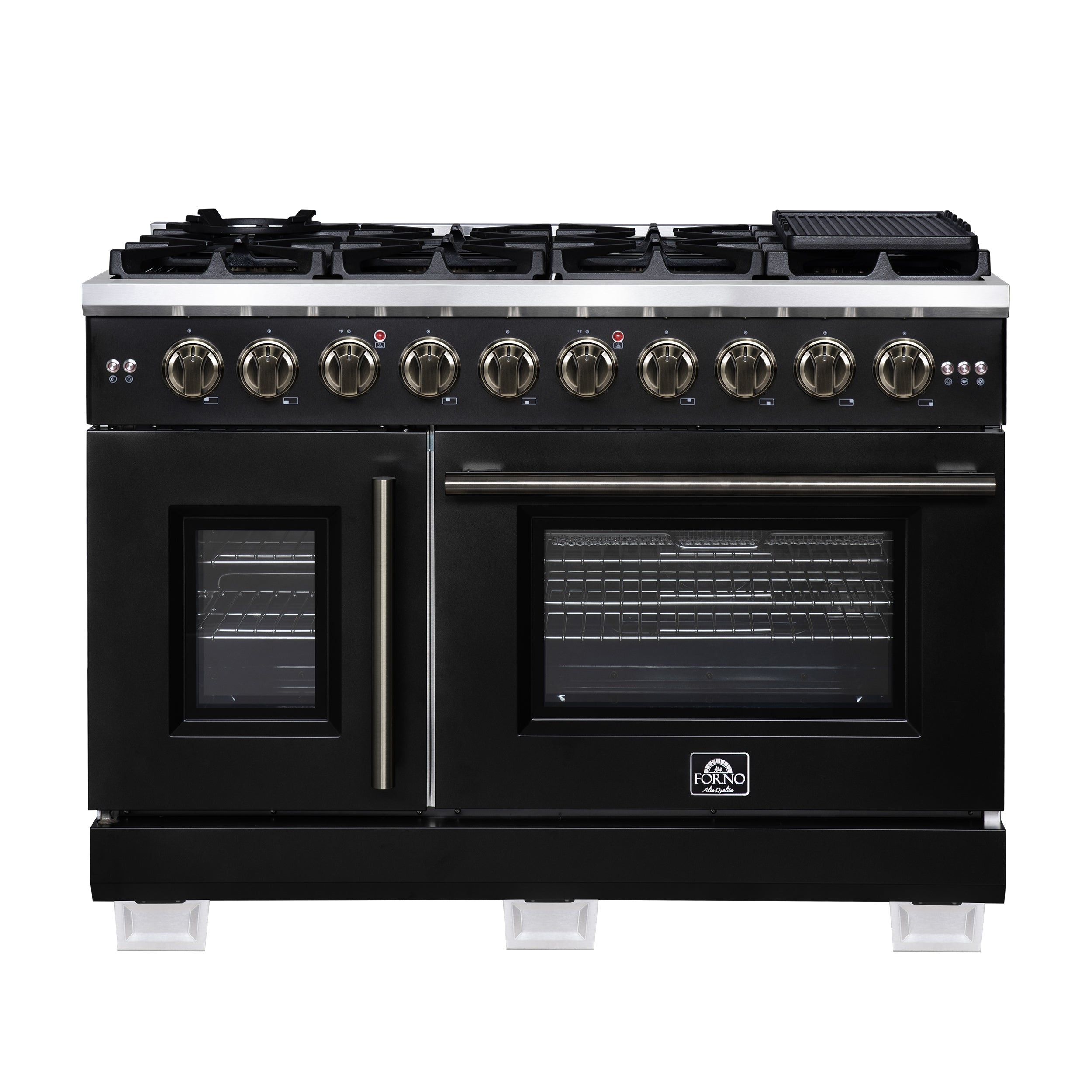 Forno Capriasca 48 Inch French Door Gas Range, 6.58 Cu. Ft., 8 Sealed Burners, Air Fry Kit, Rotisserie Kit, Wok Support, Griddle, Black with Antique Brass Accents (FFSGS6460-48BLK)