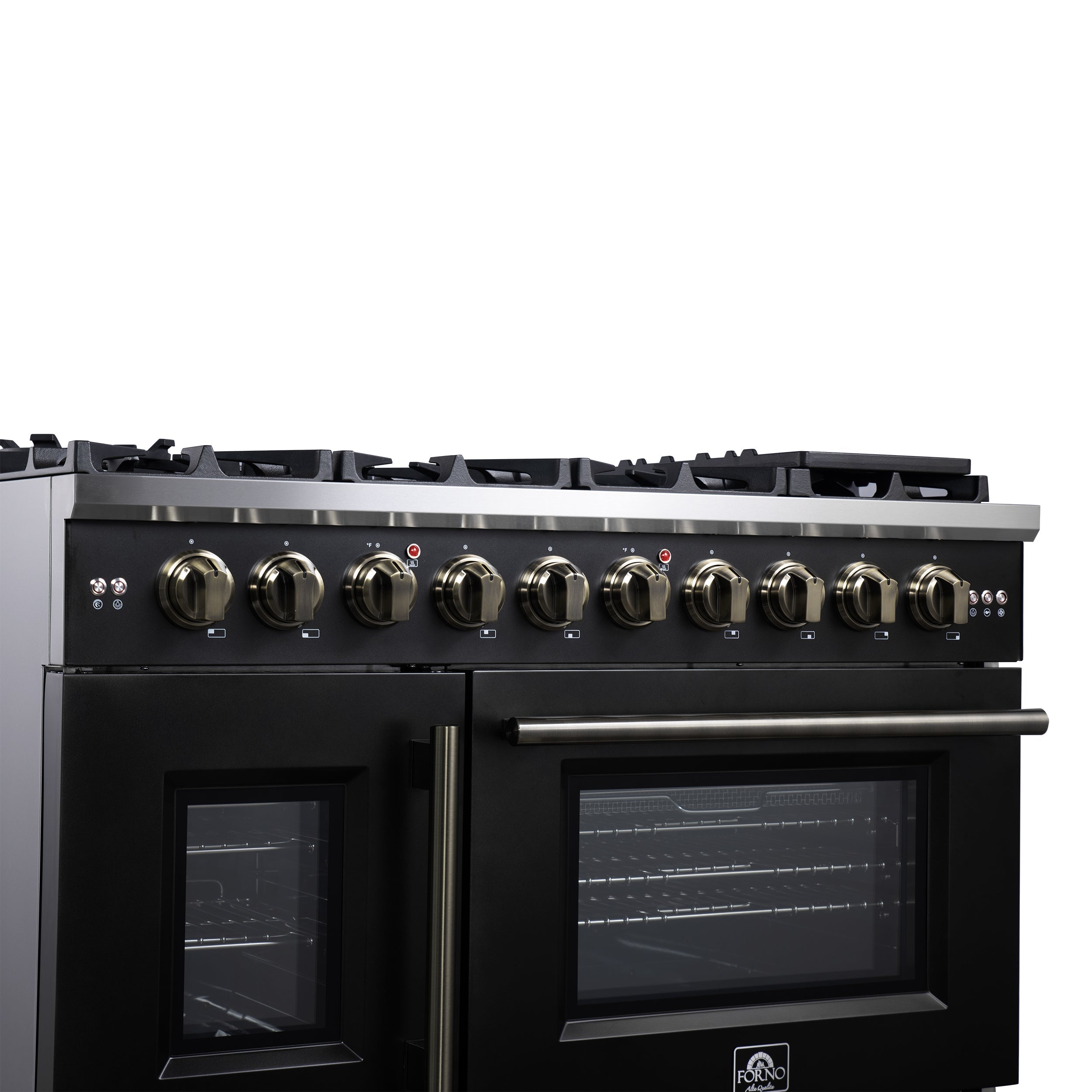 Forno Capriasca 48 Inch French Door Gas Range, 6.58 Cu. Ft., 8 Sealed Burners, Air Fry Kit, Rotisserie Kit, Wok Support, Griddle, Black with Antique Brass Accents (FFSGS6460-48BLK)
