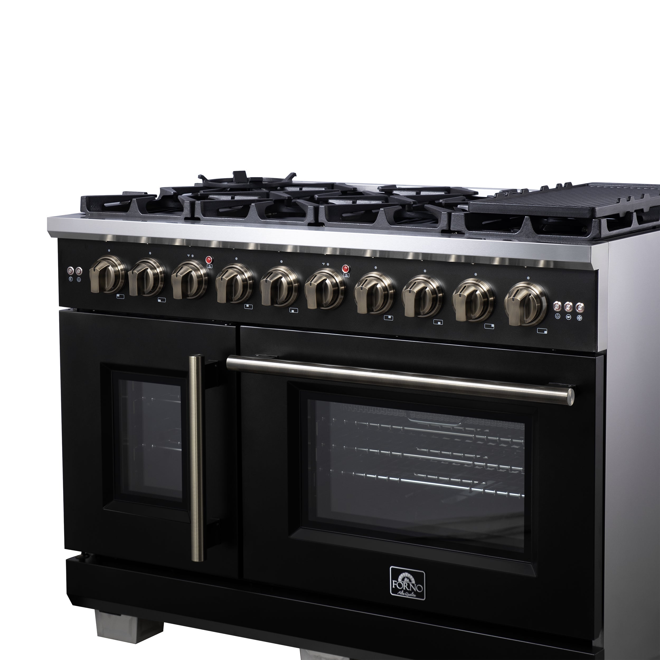 Forno Capriasca 48 Inch French Door Gas Range, 6.58 Cu. Ft., 8 Sealed Burners, Air Fry Kit, Rotisserie Kit, Wok Support, Griddle, Black with Antique Brass Accents (FFSGS6460-48BLK)