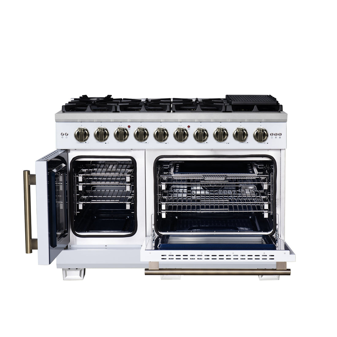 Forno Capriasca 48-Inch French Door Gas Range, 6.58 cu. ft., 8 Sealed Brass Burners, Air Fry Kit, Rotisserie Kit, Wok Support & Griddle, White with Antique Brass Accents (FFSGS6460-48WHT)