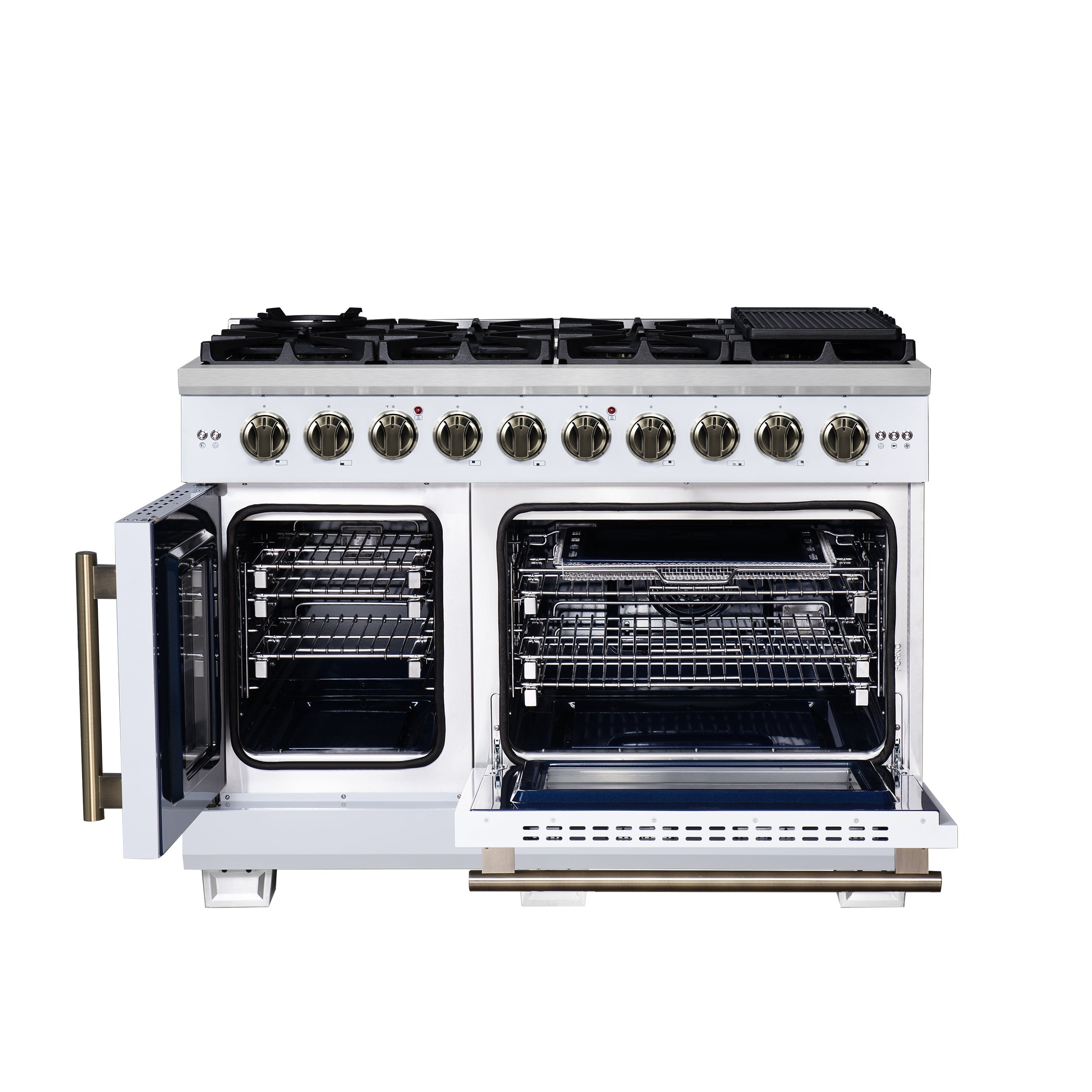 Forno Capriasca 48-Inch French Door Gas Range, 6.58 cu. ft., 8 Sealed Brass Burners, Air Fry Kit, Rotisserie Kit, Wok Support & Griddle, White with Antique Brass Accents (FFSGS6460-48WHT)