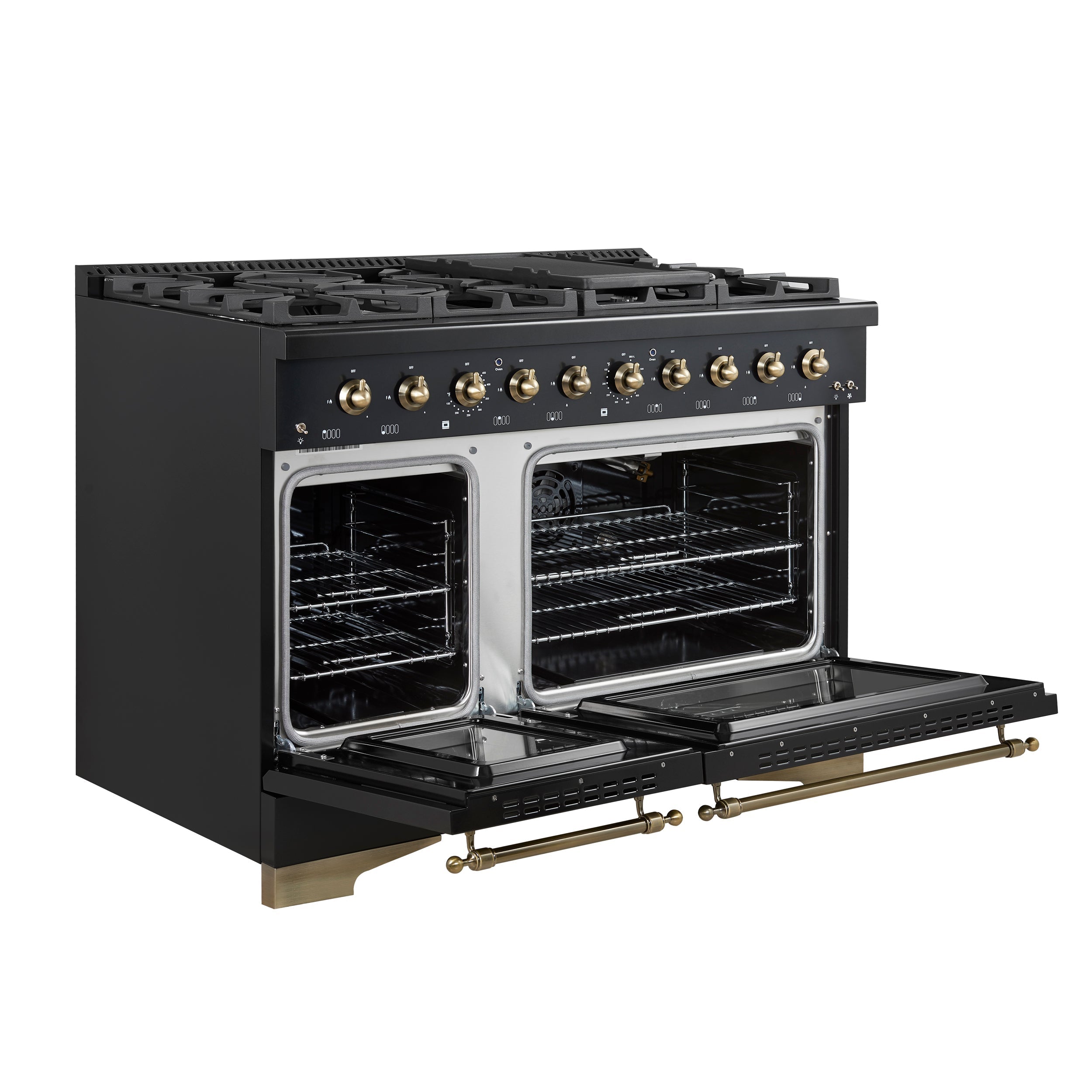 FORNO Antico 48-Inch Freestanding Gas Range, 8 Sealed Burners, Griddle, 5.5 cu. ft. Oven, Black with Antique Brass Acccents (FFSGS6219-48BLK)