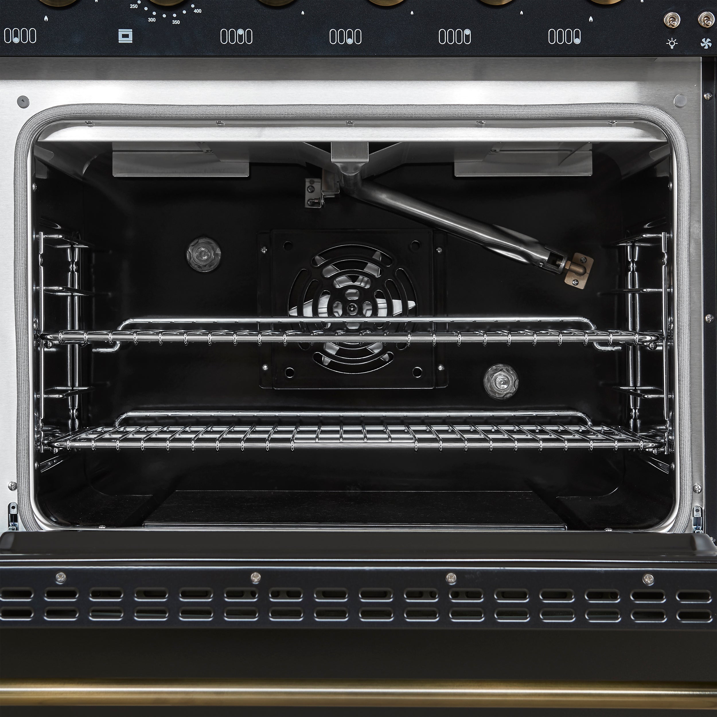 FORNO Antico 48-Inch Freestanding Gas Range, 8 Sealed Burners, Griddle, 5.5 cu. ft. Oven, Black with Antique Brass Acccents (FFSGS6219-48BLK)