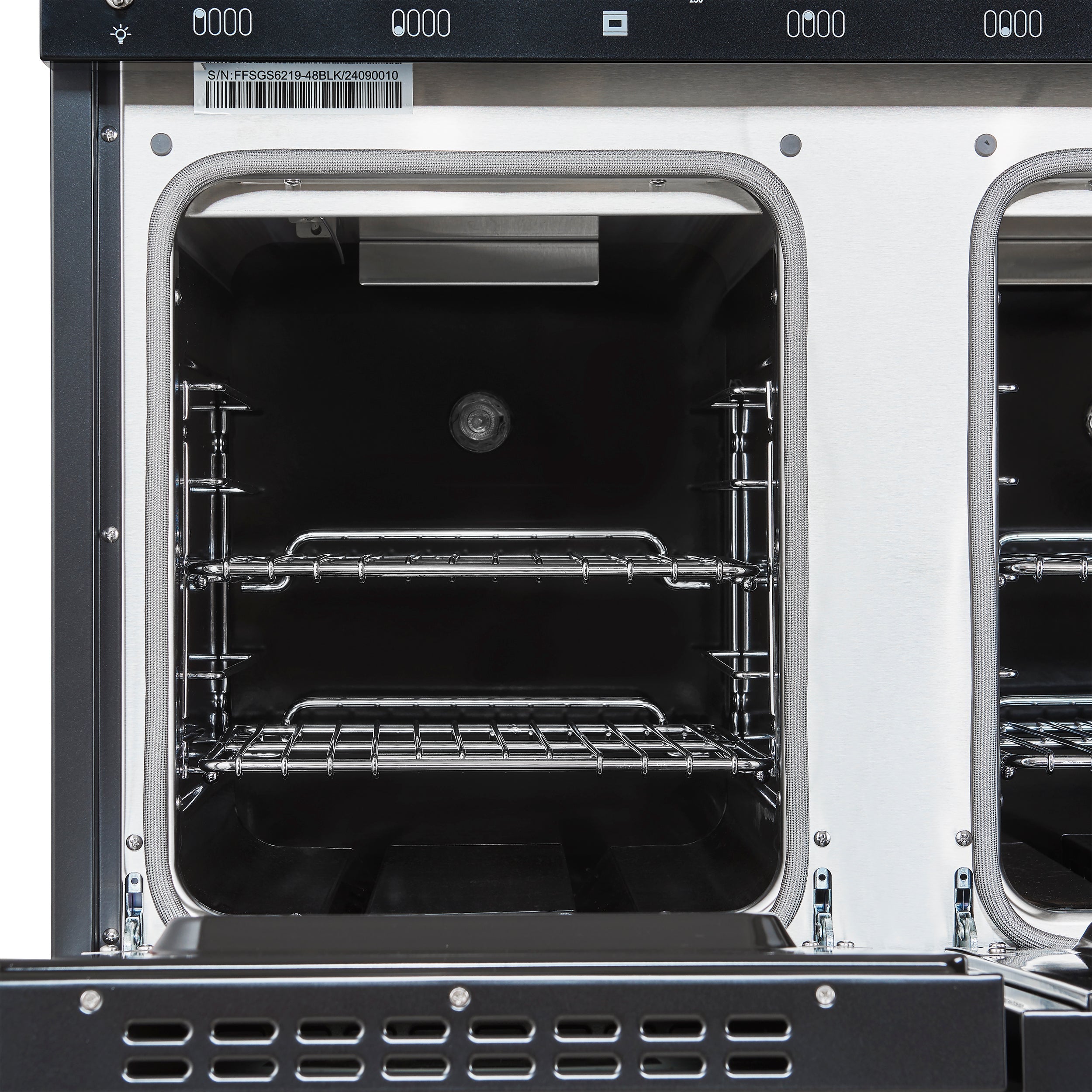 FORNO Antico 48-Inch Freestanding Gas Range, 8 Sealed Burners, Griddle, 5.5 cu. ft. Oven, Black with Antique Brass Acccents (FFSGS6219-48BLK)
