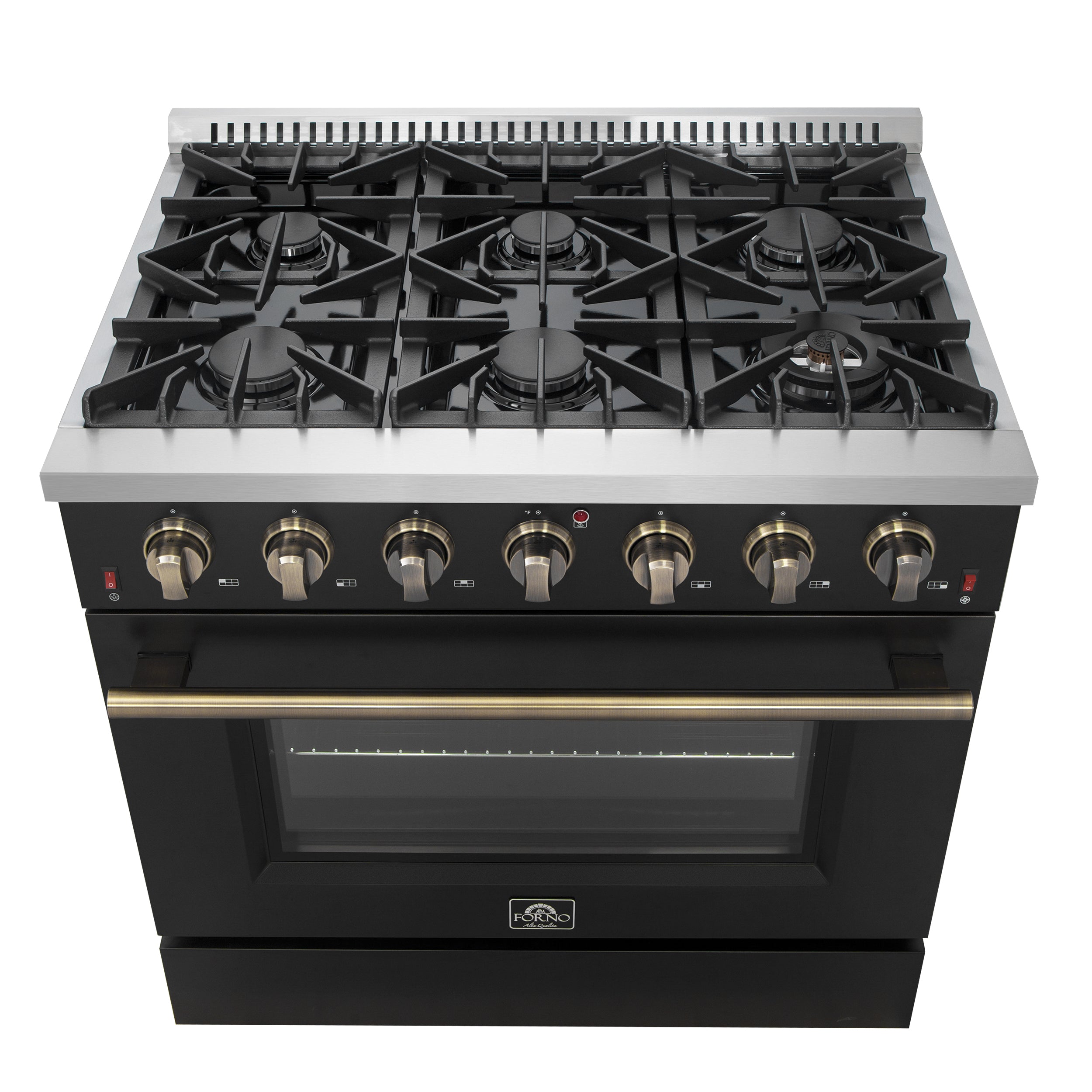 Forno Galiano 36 Inch Gas Range, 5.36 cu. ft. Oven, 6 Sealed Burners, Black with Antique Brass Accents, Model FFSGS6244-36BLK