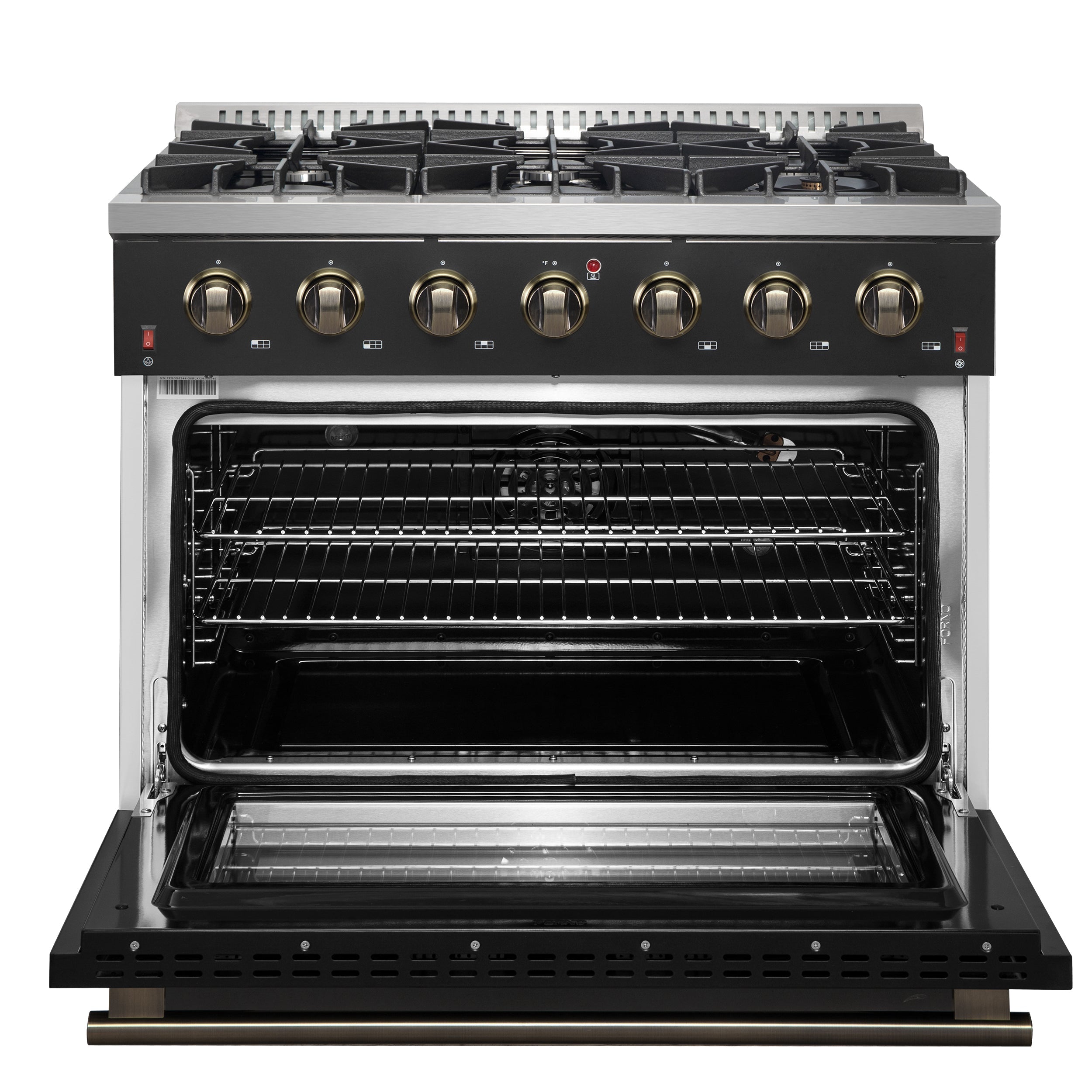 Forno Galiano 36 Inch Gas Range, 5.36 cu. ft. Oven, 6 Sealed Burners, Black with Antique Brass Accents, Model FFSGS6244-36BLK