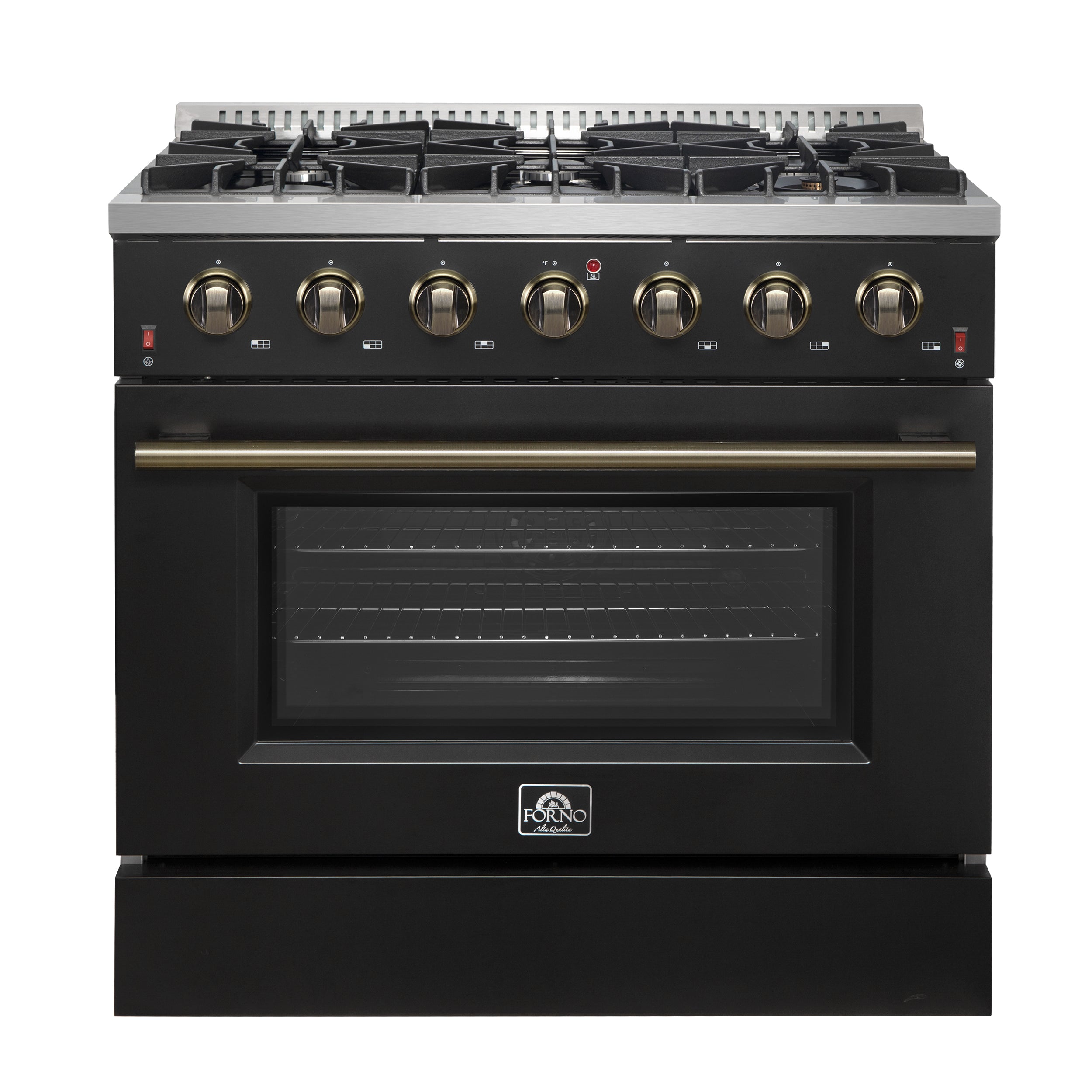 Forno Galiano 36 Inch Gas Range, 5.36 cu. ft. Oven, 6 Sealed Burners, Black with Antique Brass Accents, Model FFSGS6244-36BLK