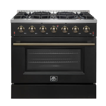 Forno Galiano 36 Inch Gas Range, 5.36 cu. ft. Oven, 6 Sealed Burners, Black with Antique Brass Accents, Model FFSGS6244-36BLK