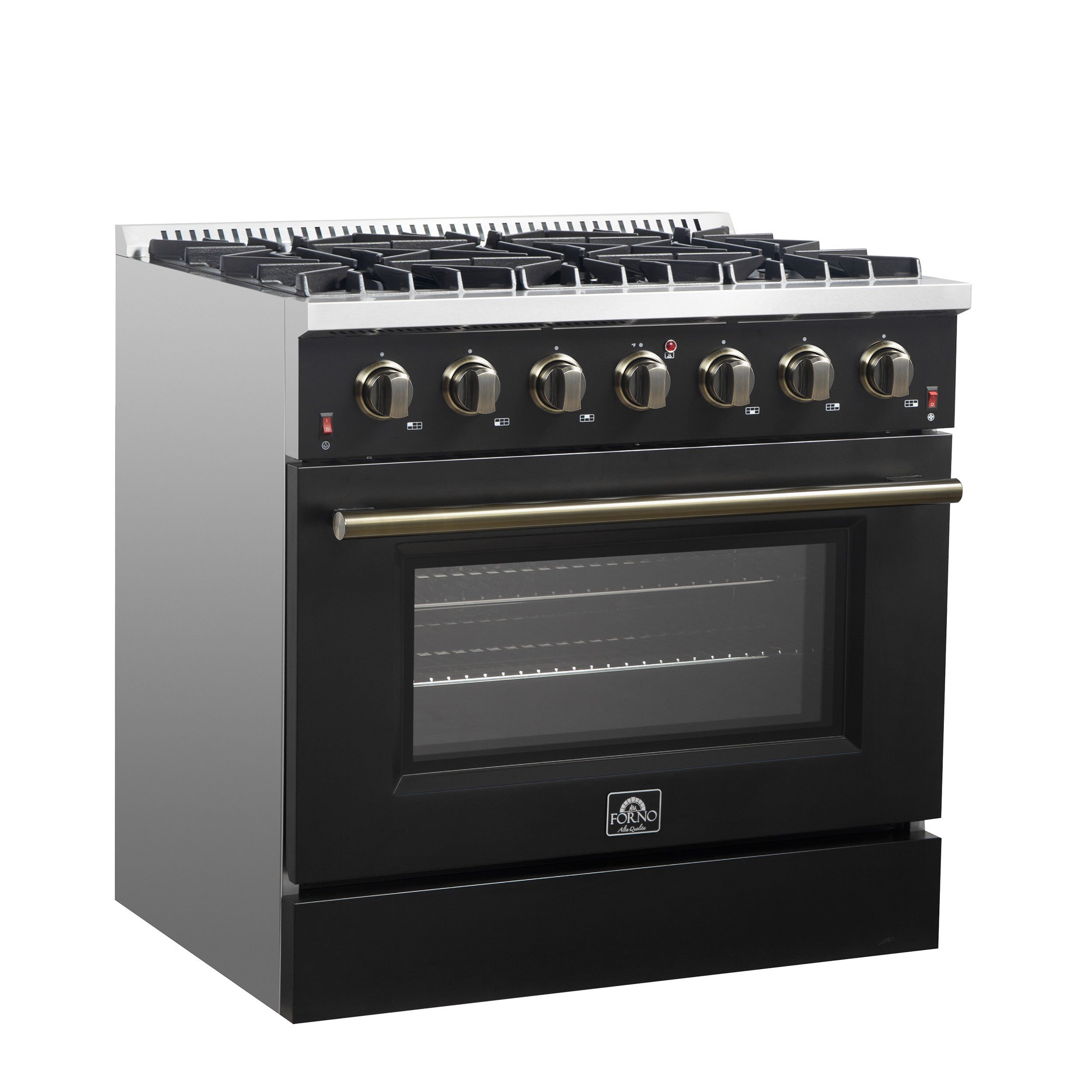 Forno Galiano 36 Inch Gas Range, 5.36 cu. ft. Oven, 6 Sealed Burners, Black with Antique Brass Accents, Model FFSGS6244-36BLK
